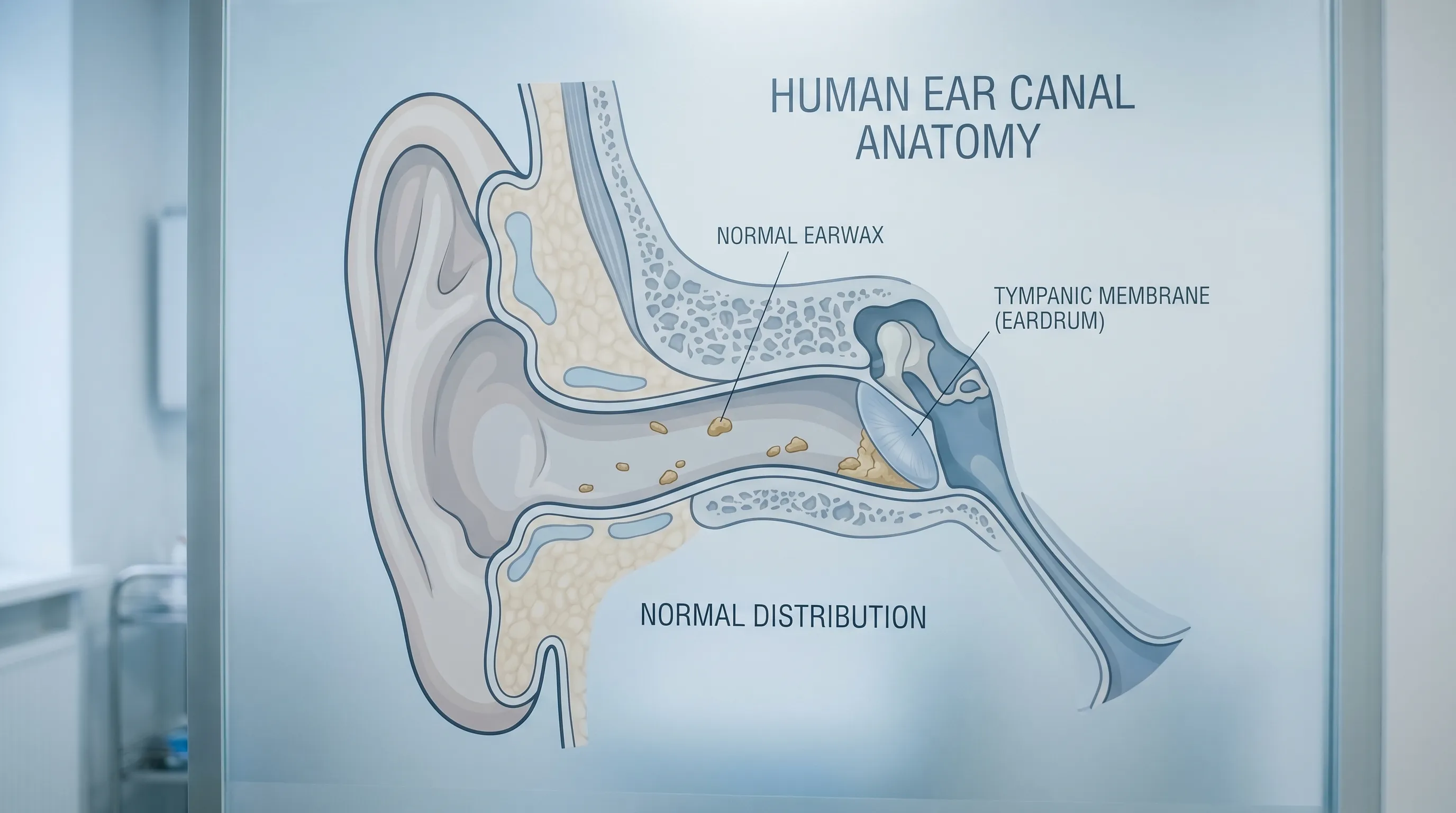 Close-up anatomical illustration of the human ear canal showing normal earwax distribution and a cross-section of the eardrum, clean medical infographic style with soft blue and gray tones, 16:9 ratio