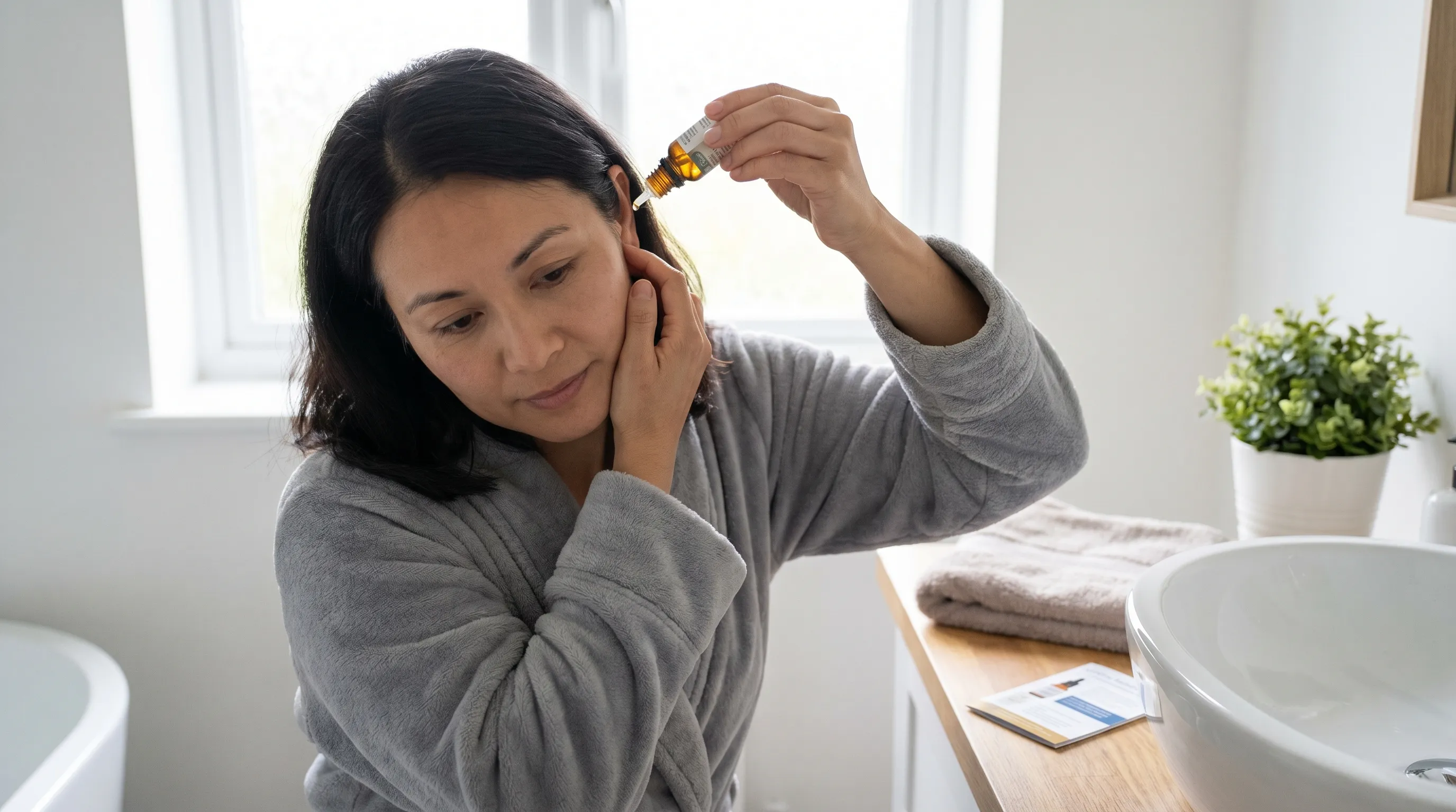 Adult patient safely applying over-the-counter ear drops while tilting head sideways, natural bathroom lighting, realistic lifestyle photography, calm and educational atmosphere, 4:3 ratio