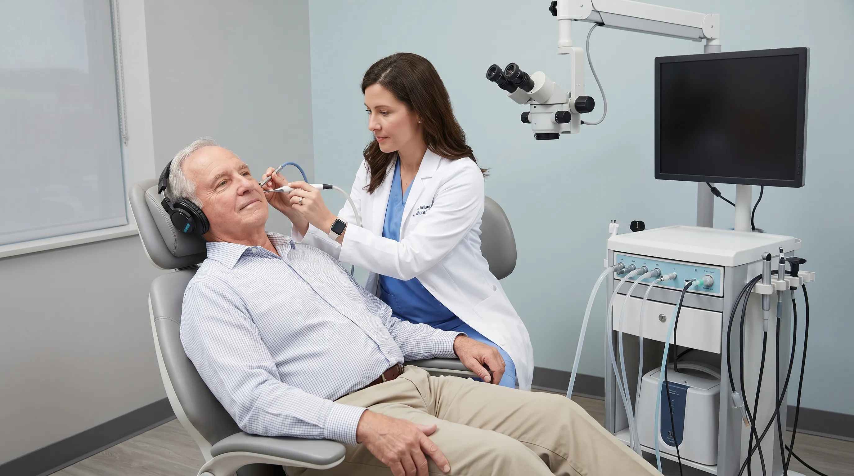 Audiologist performing gentle microsuction earwax removal in a clinical setting, focus on professional equipment and patient comfort, modern medical environment, soft gray and blue tones, 4:3 ratio