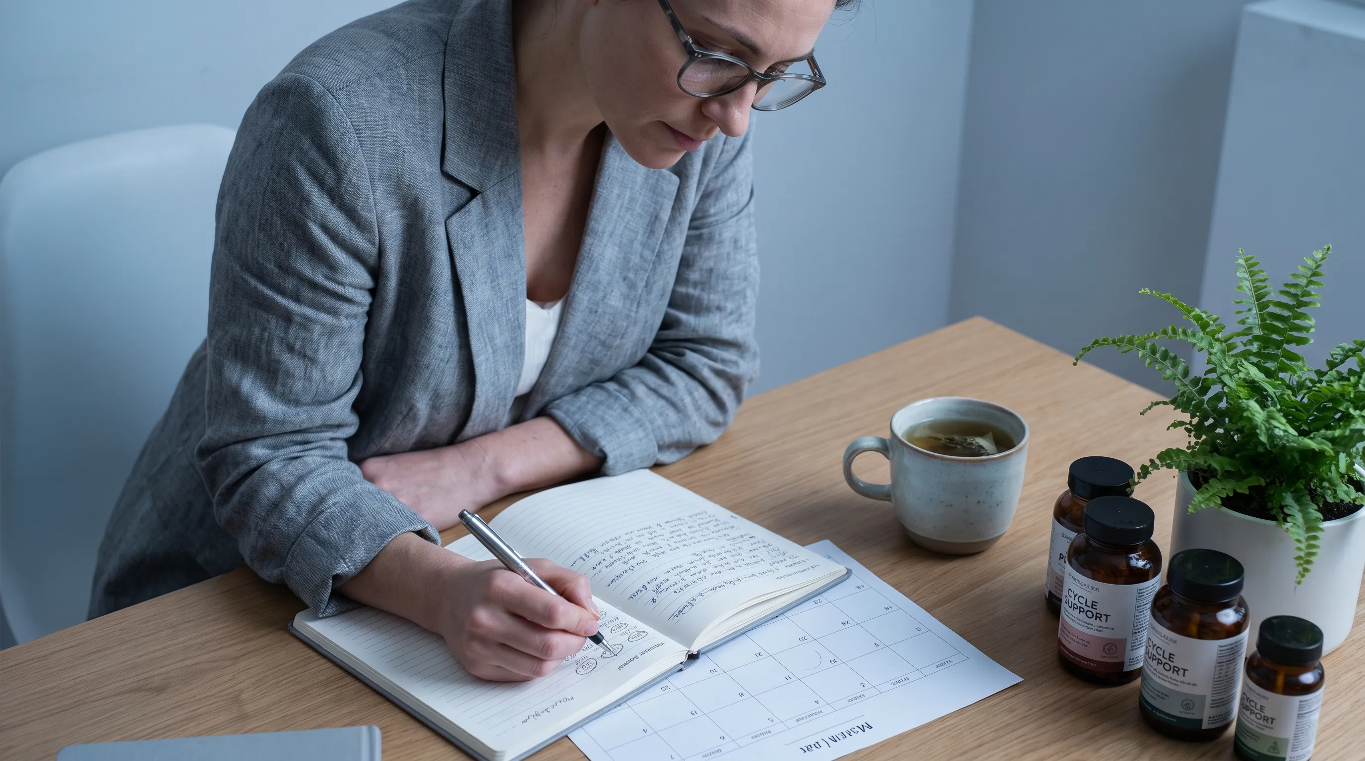 A close-up, clinically styled photograph of a woman in her 30s reviewing a menstrual tracking journal and calendar at a clean wooden desk, surrounded by a cup of tea, herbal supplements, and a small potted plant. Soft gray and blue lighting, 4:3 ratio, professional wellness photography style