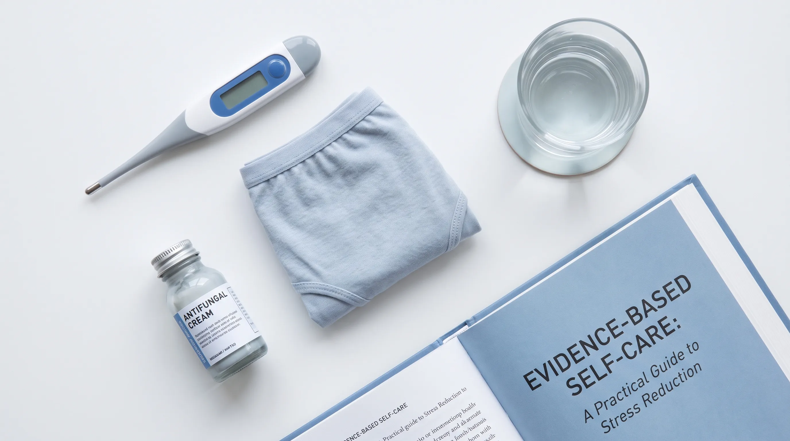 An overhead flat-lay composition of evidence-based self-care items including a digital thermometer, a bottle of prescribed antifungal cream, cotton underwear, a glass of water, and a stress-reduction book. Cool gray and muted blue tones, clean white background, 4:3 ratio, editorial health magazine style