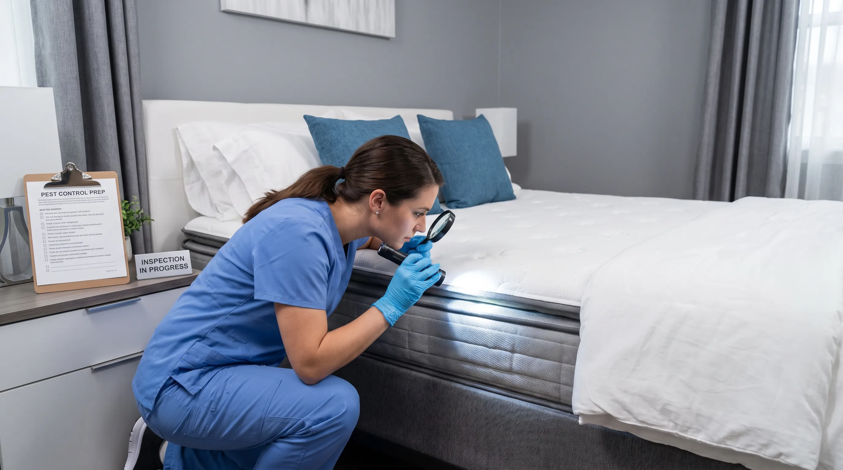 healthcare professional inspecting bedroom mattress seams with flashlight