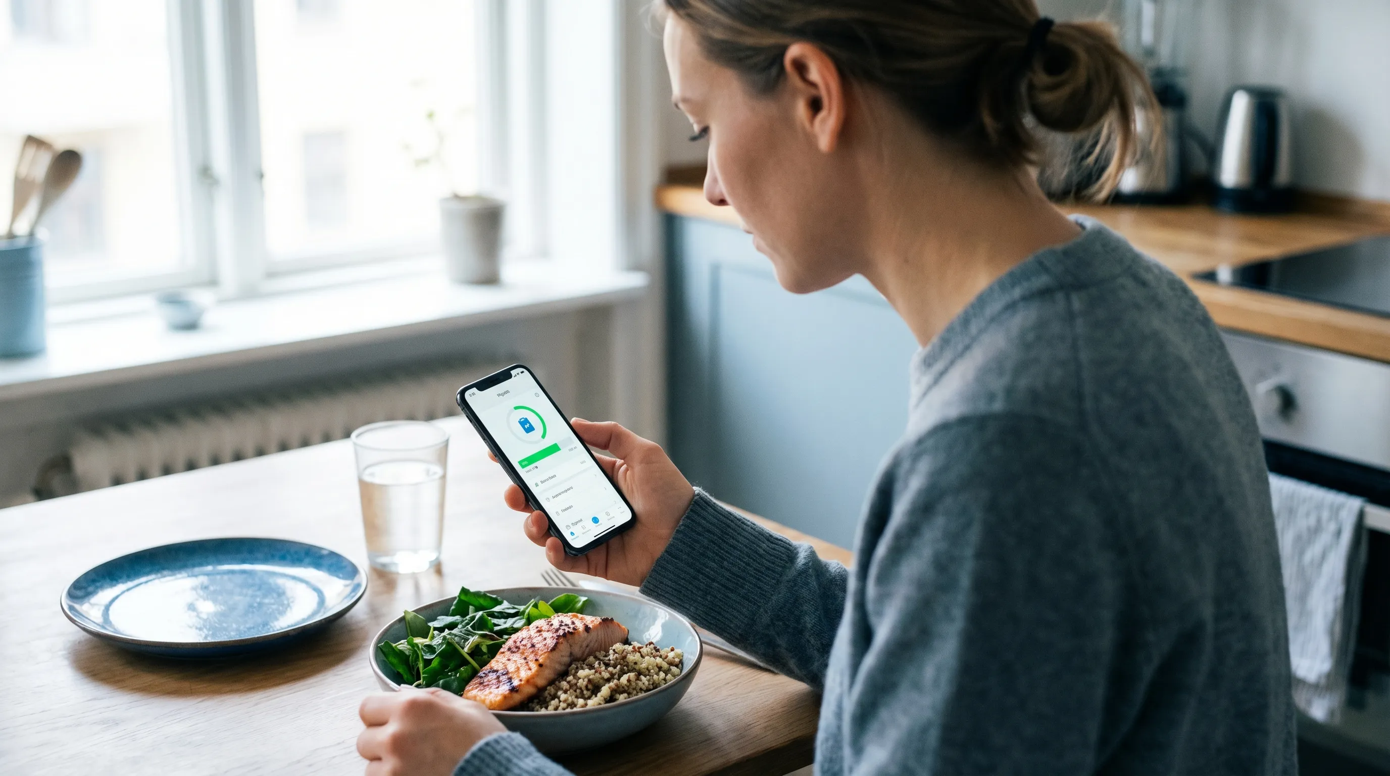 A person using a weight loss app on their phone while looking at a healthy meal