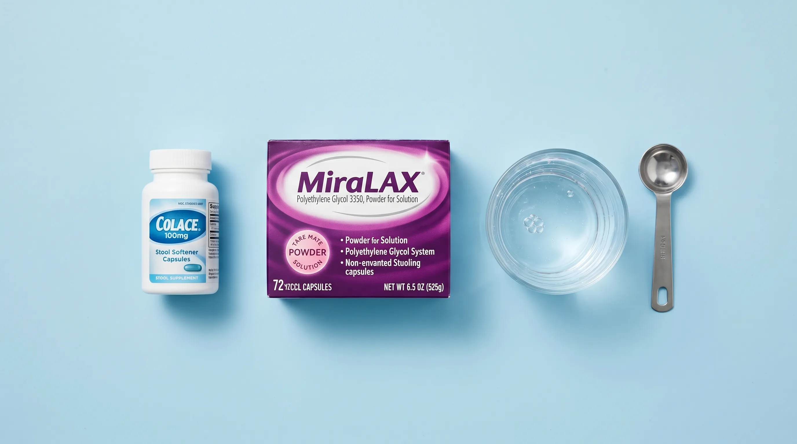 A clean, clinical flat-lay photography showing a bottle of Colace, a box of Miralax powder, a glass of water, and a measuring spoon arranged neatly on a light blue countertop, professional medical photography style