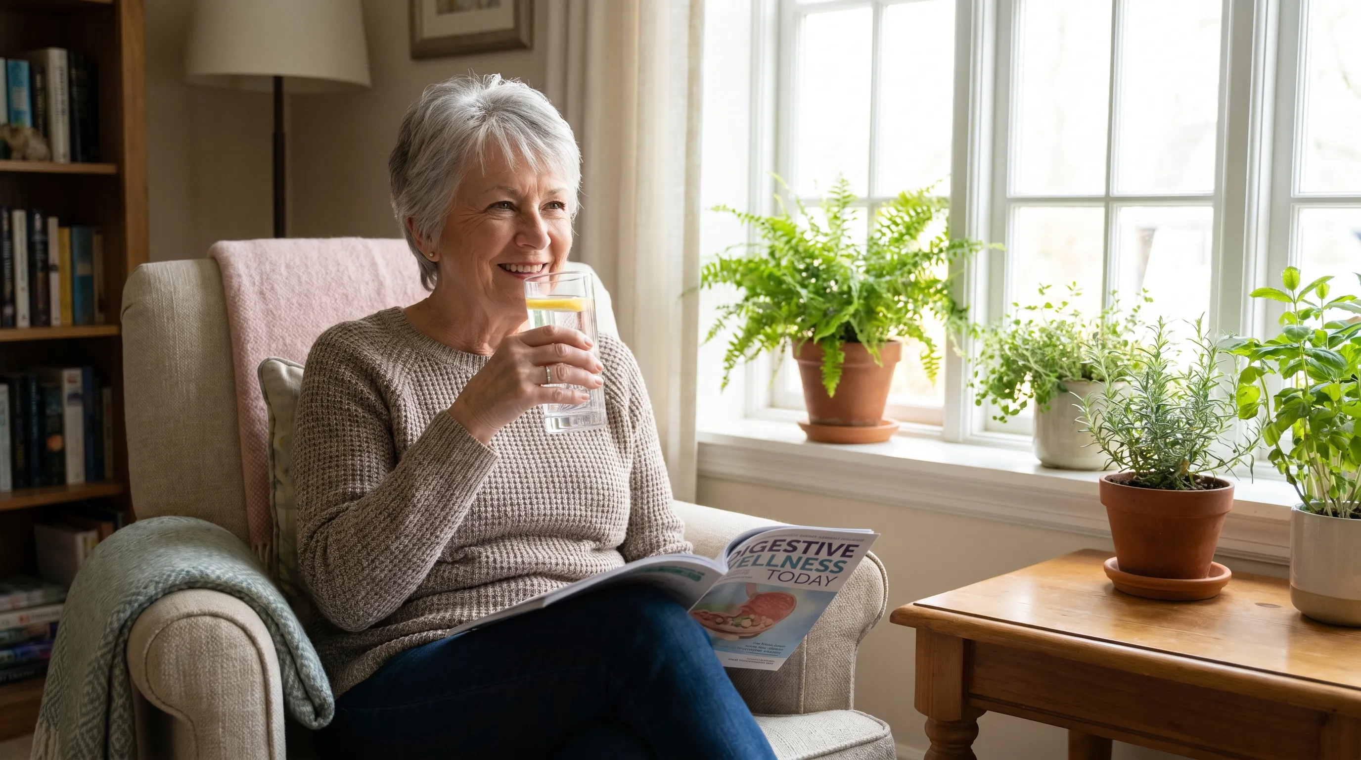 An active senior individual drinking a tall glass of water while reading a health journal near a sunlit window, emphasizing hydration and digestive wellness in a calm domestic environment