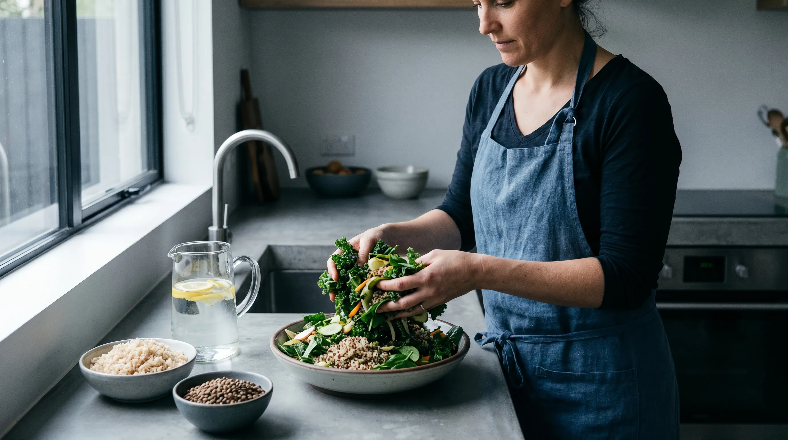 A lifestyle photo of a person preparing a high-fiber meal with leafy greens, whole grains, and a water pitcher on a modern countertop, soft natural lighting, health and wellness focus, gray and blue tones