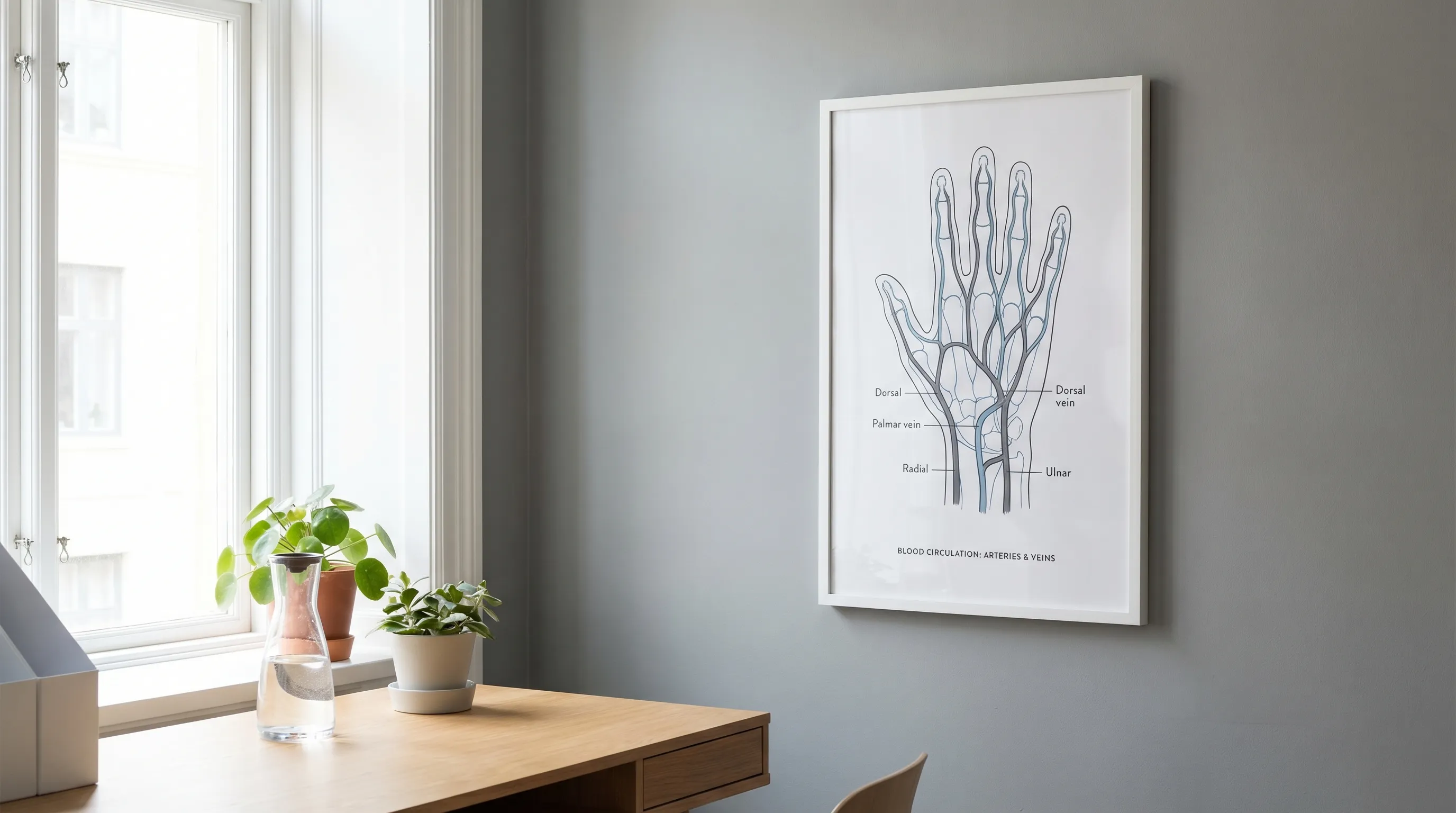 Diagram of blood circulation in the hand showing arteries and veins.