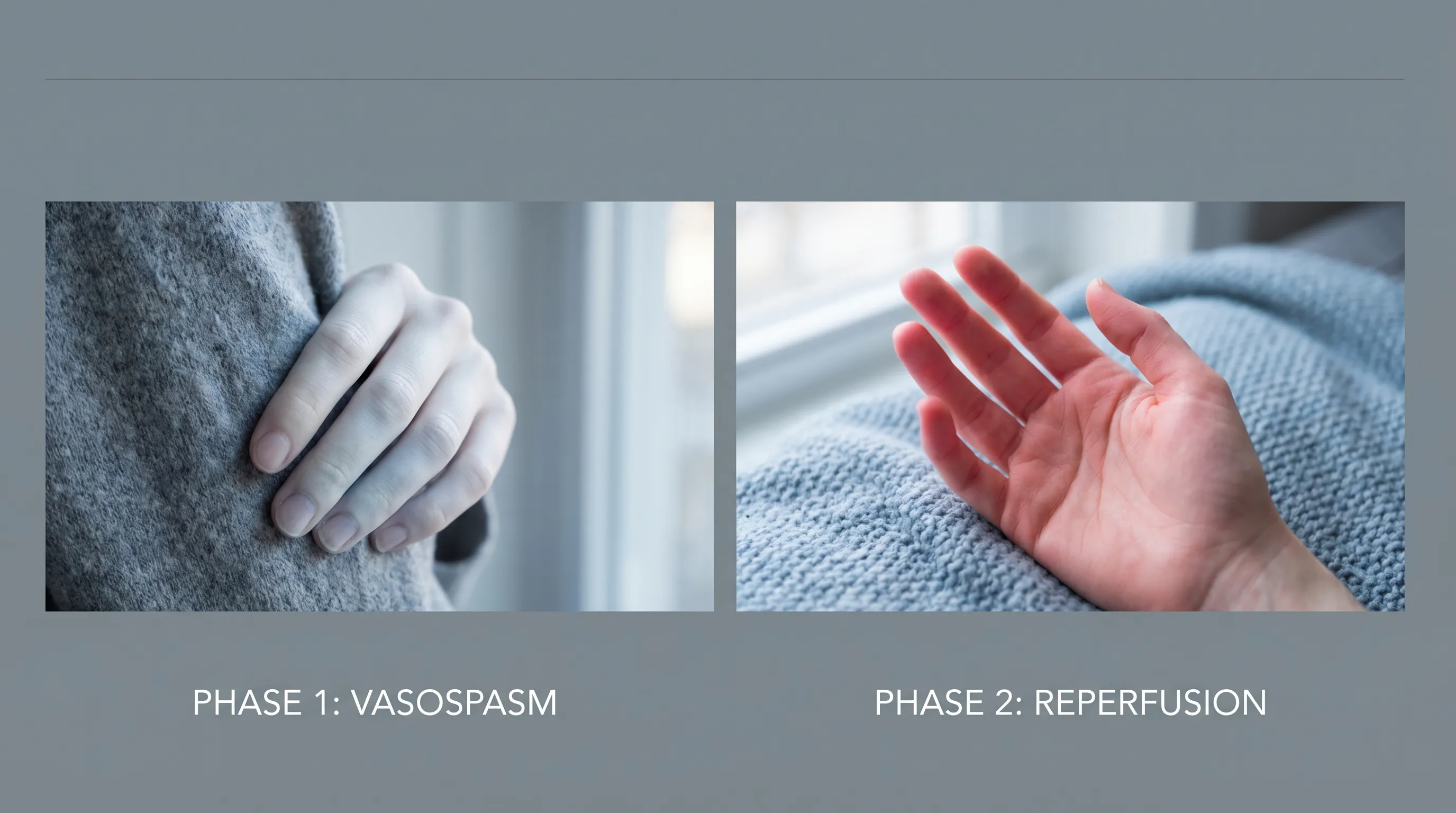 Photo collage showing Raynaud's phenomenon: one hand has white, bloodless fingers, and the other has red, flushed fingers as blood returns.