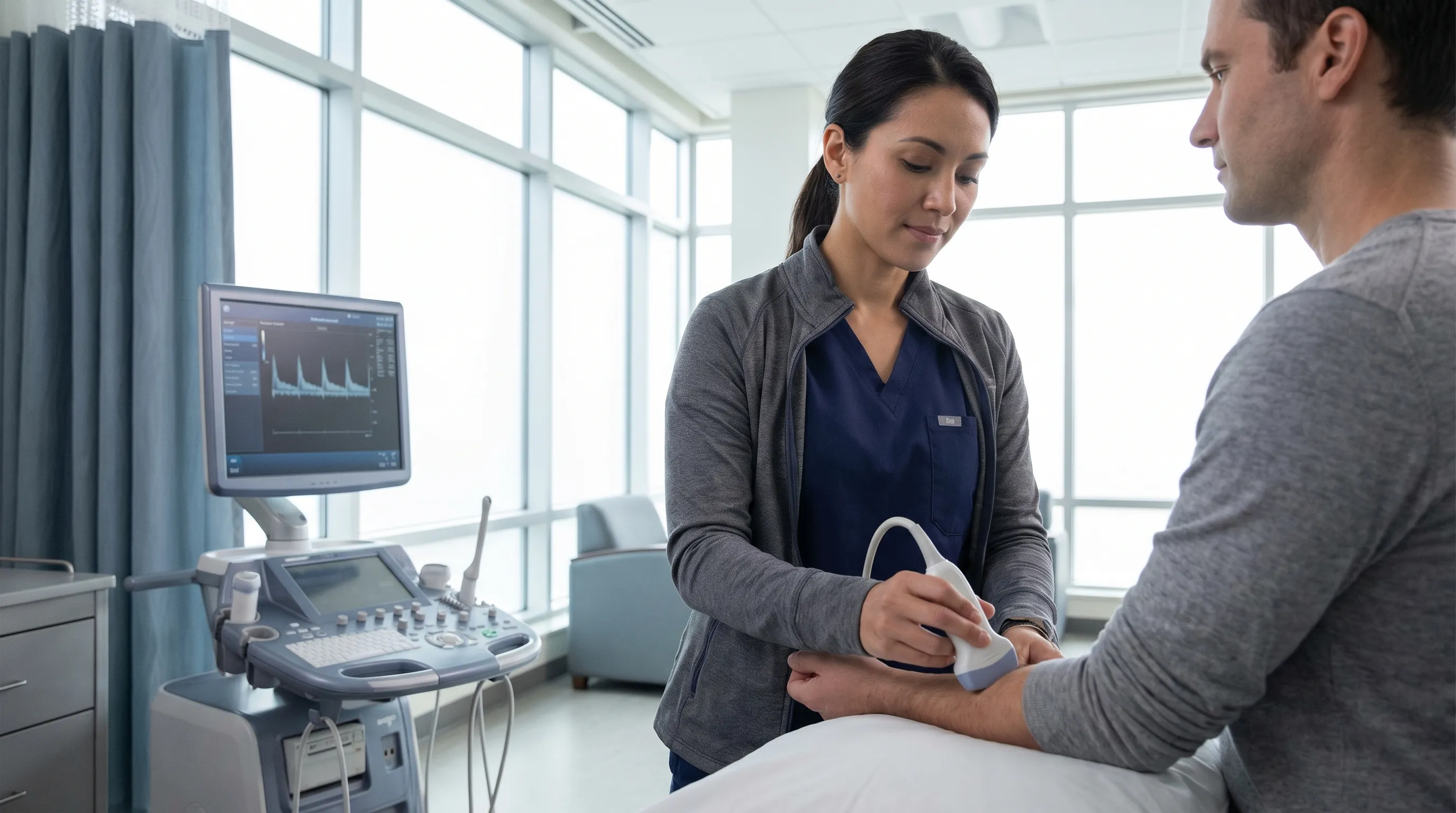 A healthcare professional performs a Doppler ultrasound on a patient's arm to check for blood flow.