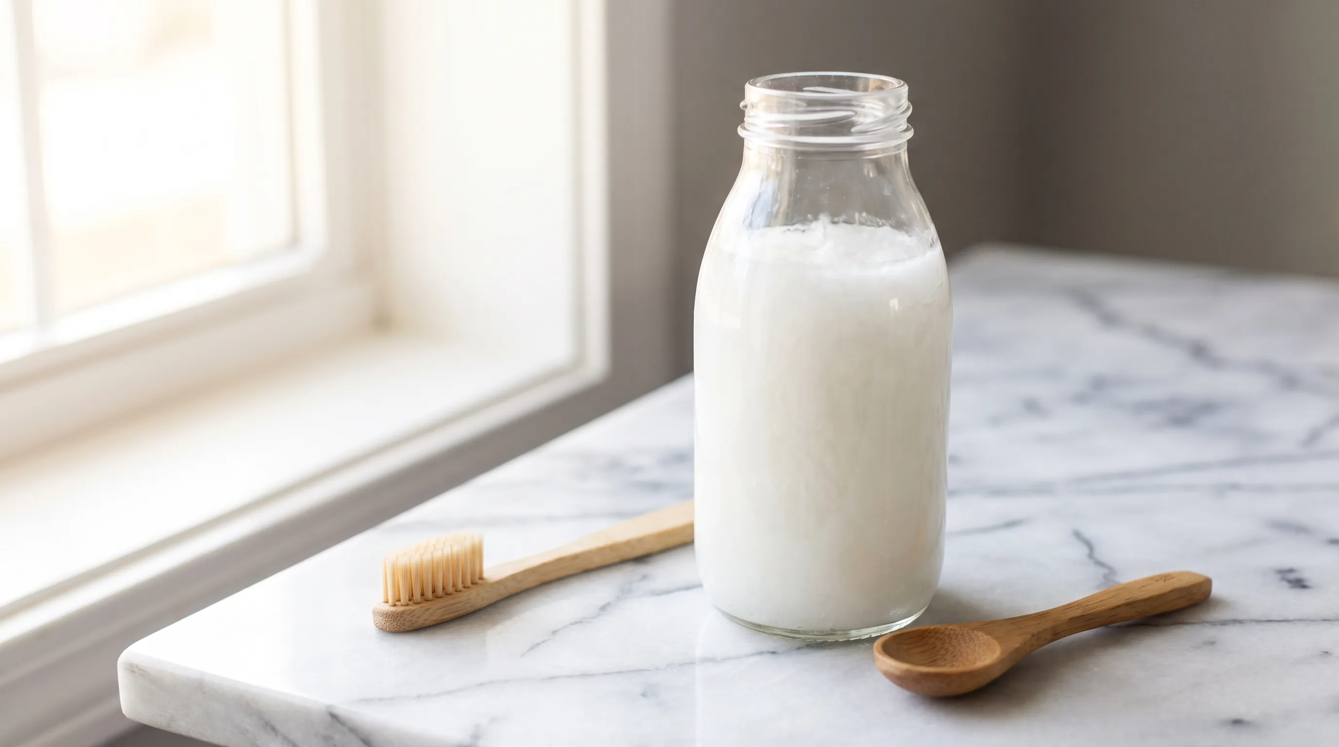 Close-up of a clear glass bottle of cold-pressed virgin coconut oil on a marble countertop next to a wooden toothbrush and measuring spoon, soft natural lighting, clean health aesthetic