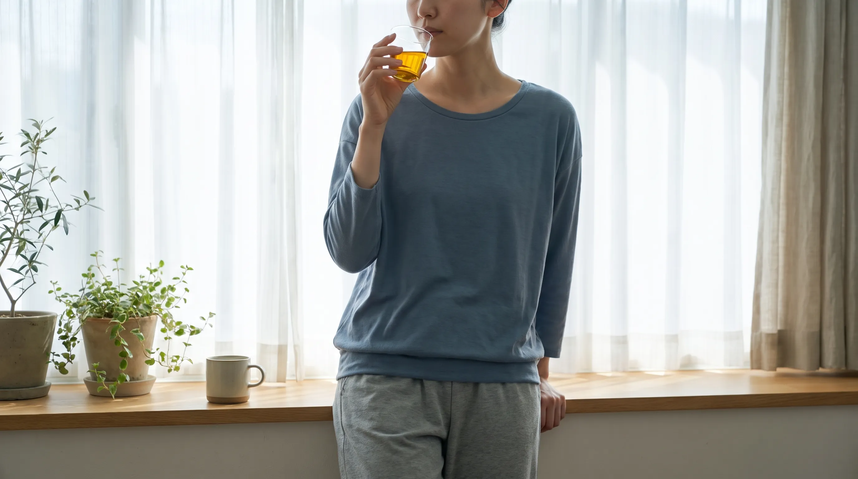 Person gently swishing oil in their mouth while standing near a sunlit window, wearing comfortable loungewear, calm wellness atmosphere, muted gray and blue tones
