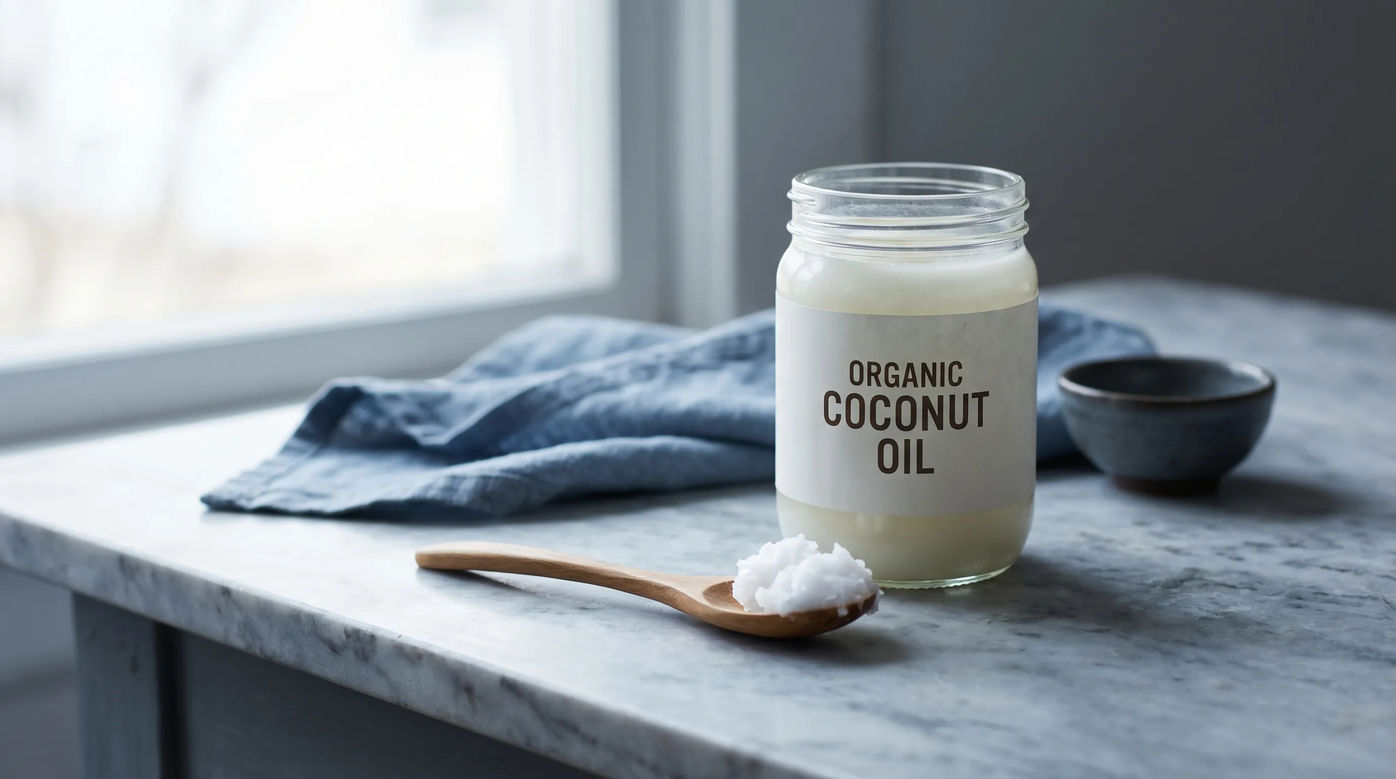 A jar of coconut oil and a spoonful of solid coconut oil, used for oil pulling practice.