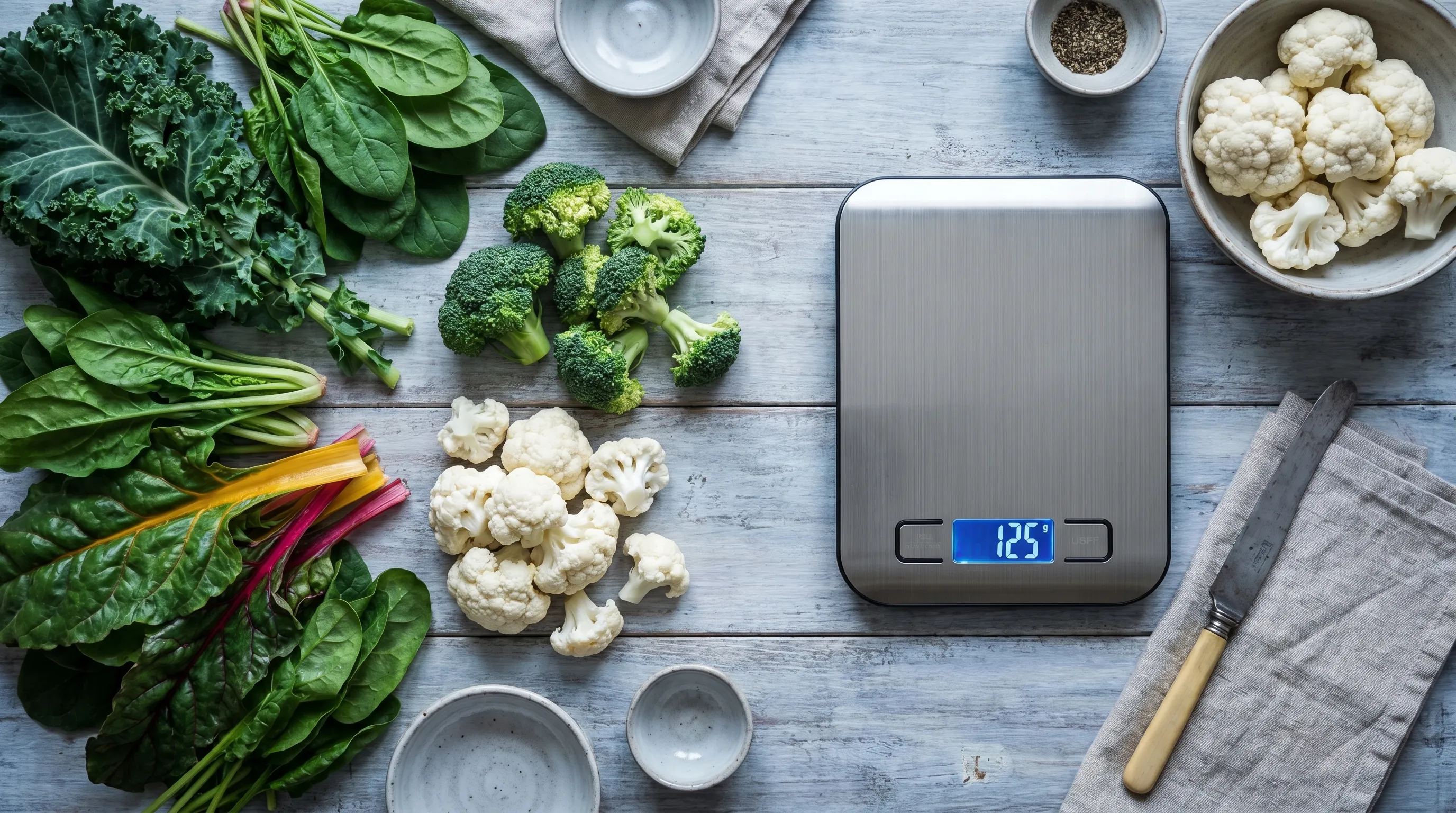 Fresh assortment of leafy greens and cruciferous vegetables arranged on a wooden cutting board with precise measurement tools