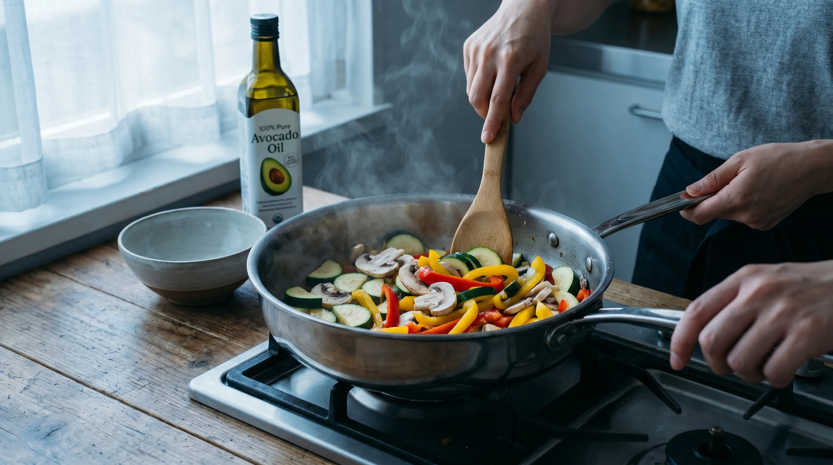 Home chef stirring vibrant low-carb vegetables in a stainless steel skillet with olive oil