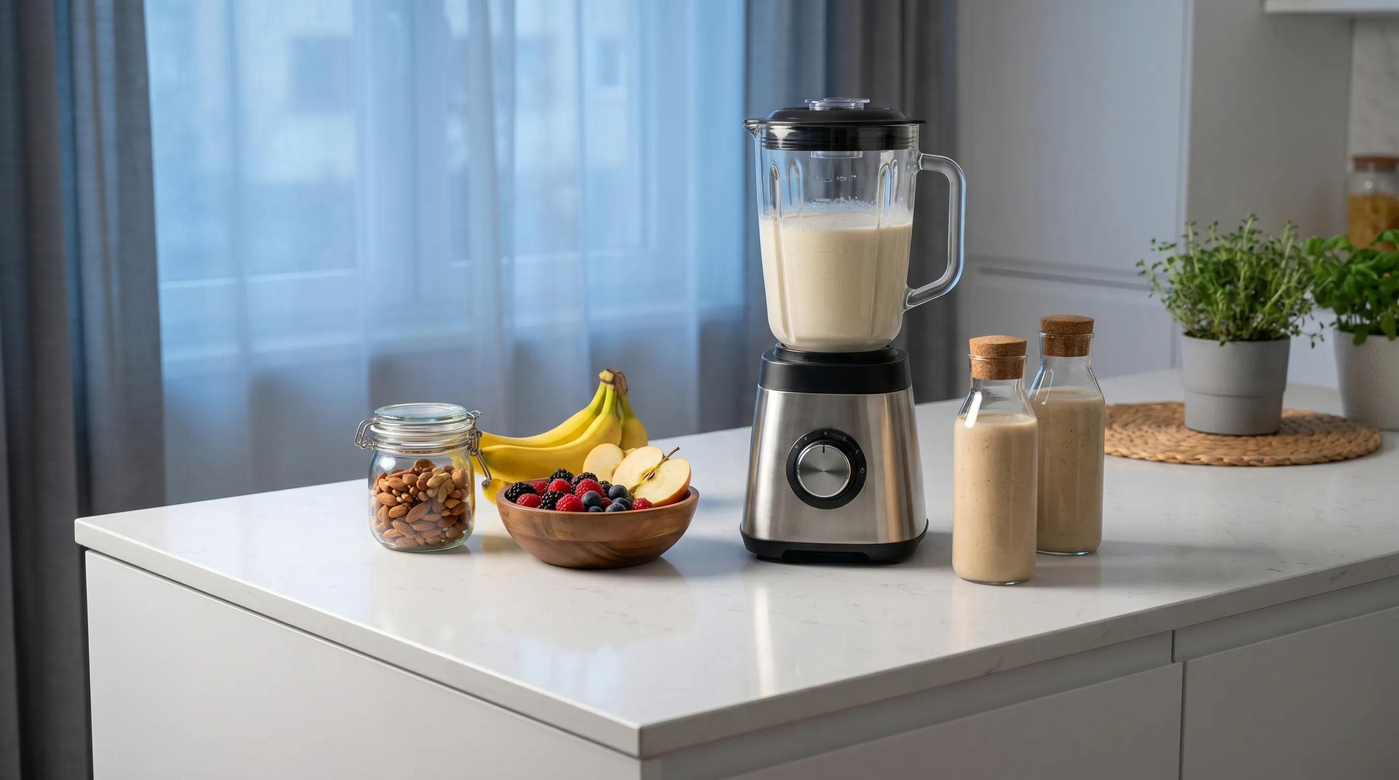 A bright, modern kitchen countertop with a blender, fresh fruits, nuts, and two glass bottles filled with creamy gluten free protein shakes. Soft blue and gray lighting, emphasizing clean nutrition and healthy lifestyle choices, photorealistic.