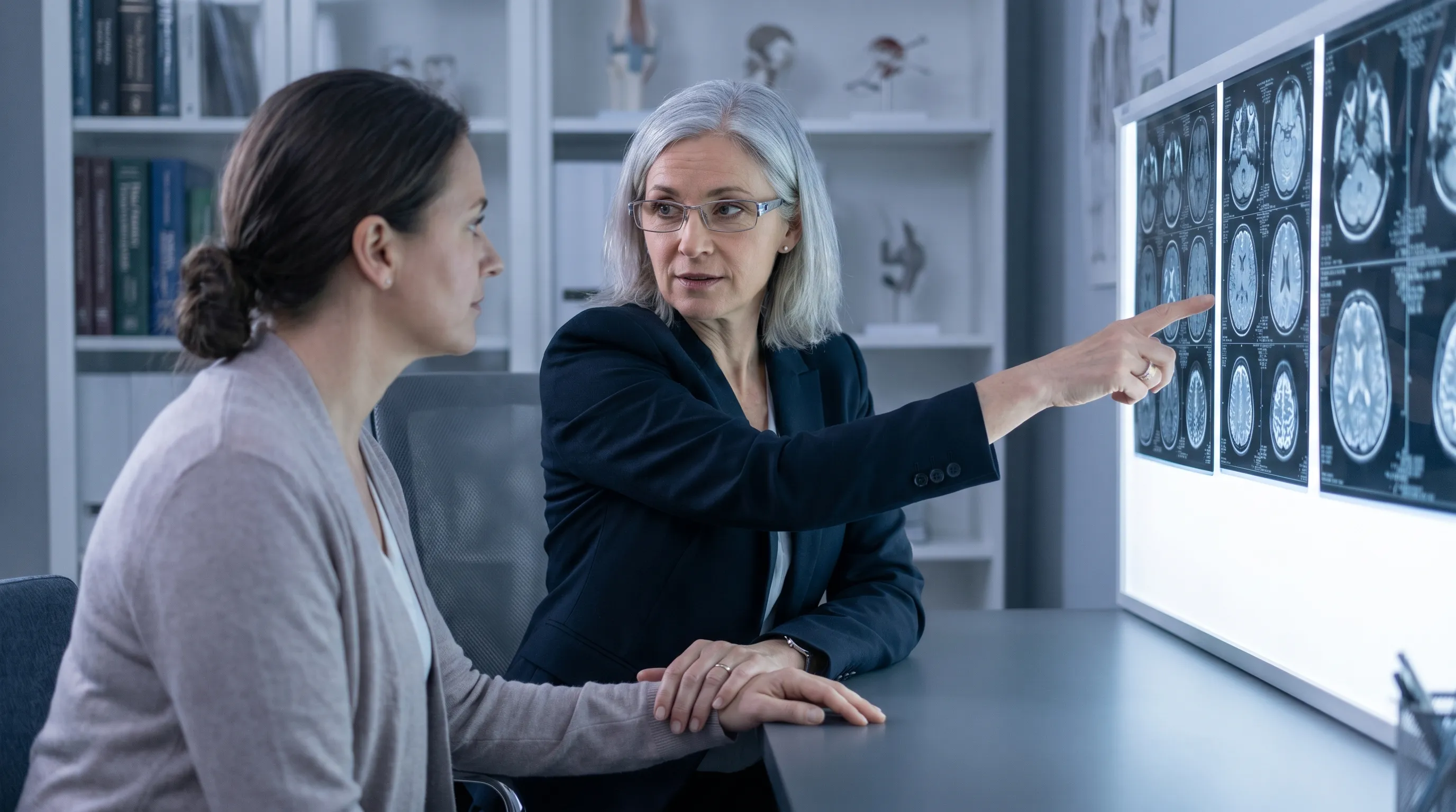 A neurologist carefully reviews brain MRI cross-sections with a patient in a softly lit clinical consultation room, highlighting collaborative diagnostic evaluation, gray and blue tones