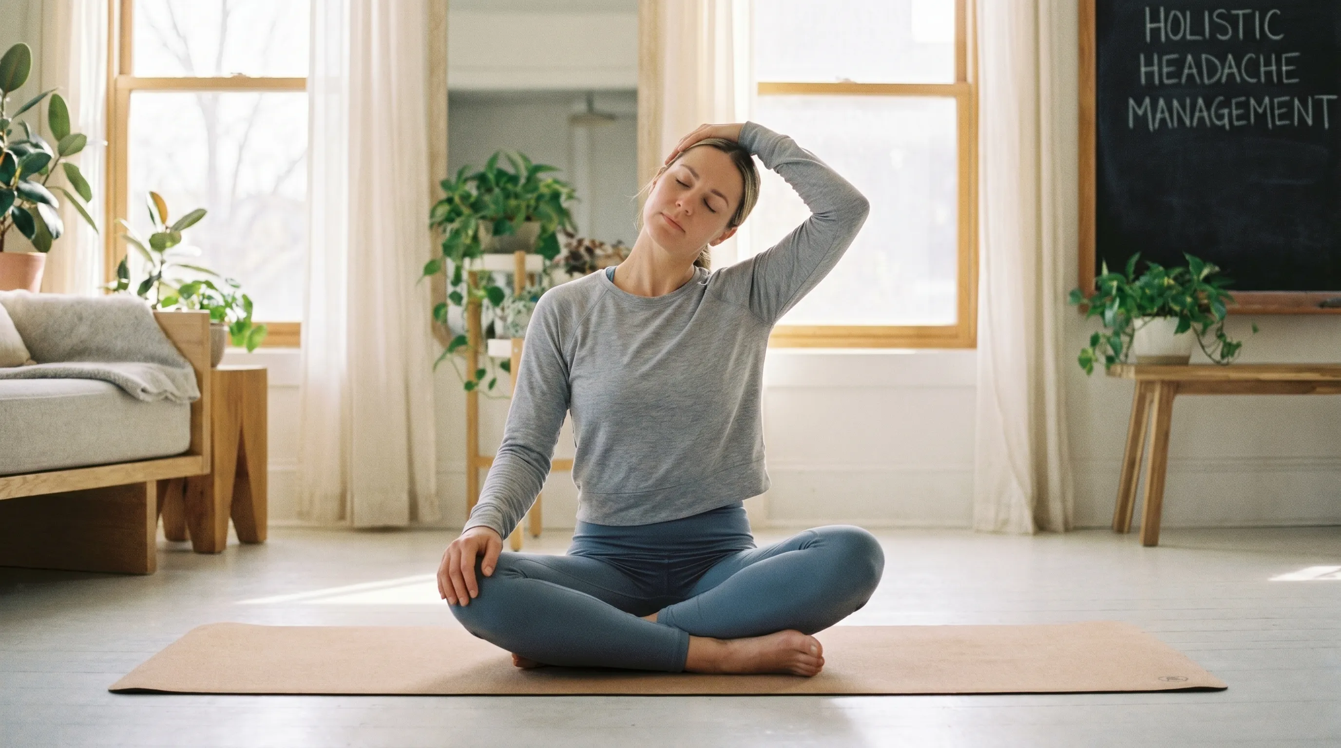 A person practicing guided meditation and gentle neck stretches on a yoga mat in a bright, airy wellness space, emphasizing holistic headache management and stress reduction, gray and blue tones