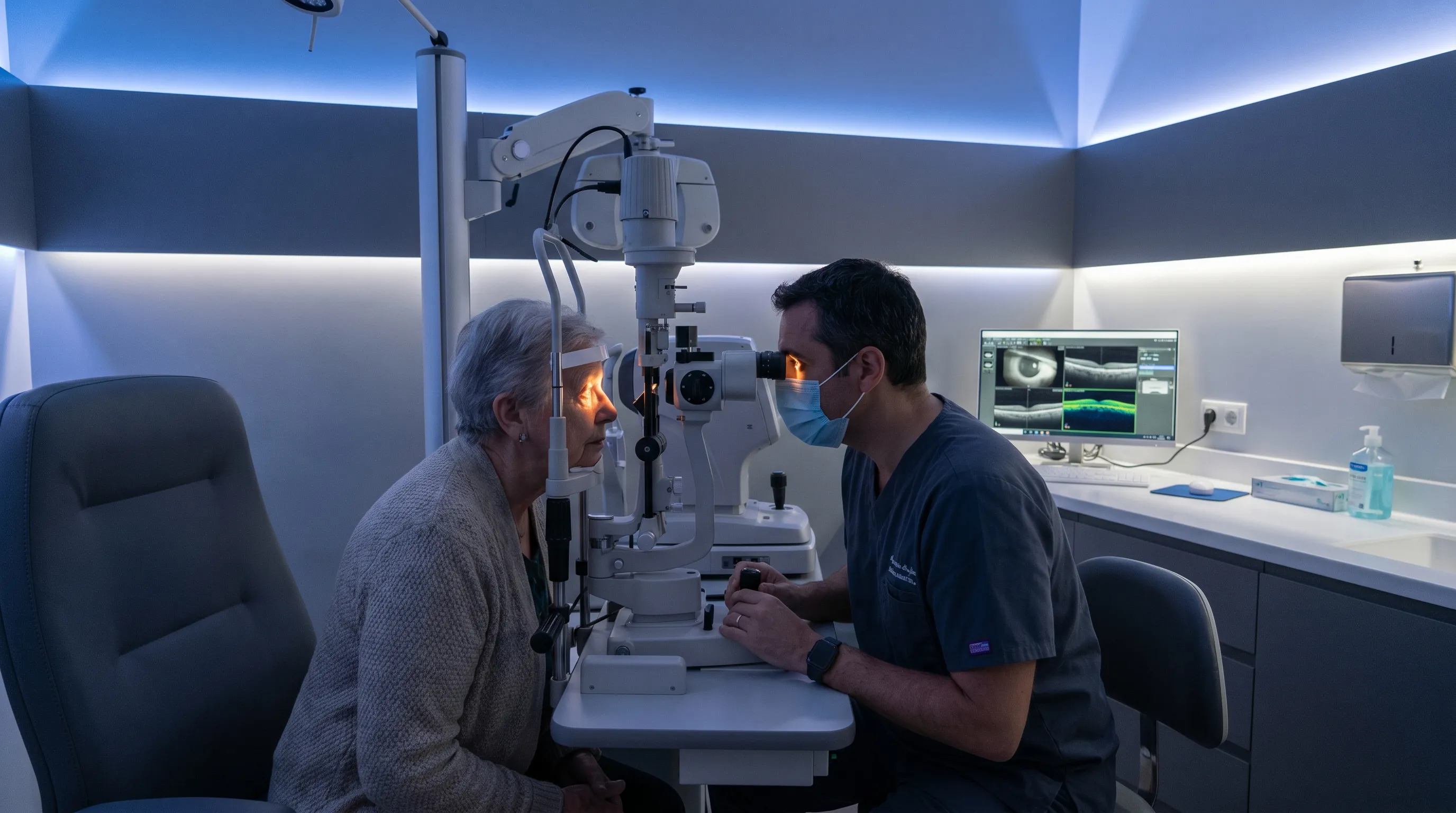 A close-up clinical photograph of a modern ophthalmic examination room with a patient undergoing a slit-lamp eye exam, soft blue and gray medical lighting, professional healthcare setting