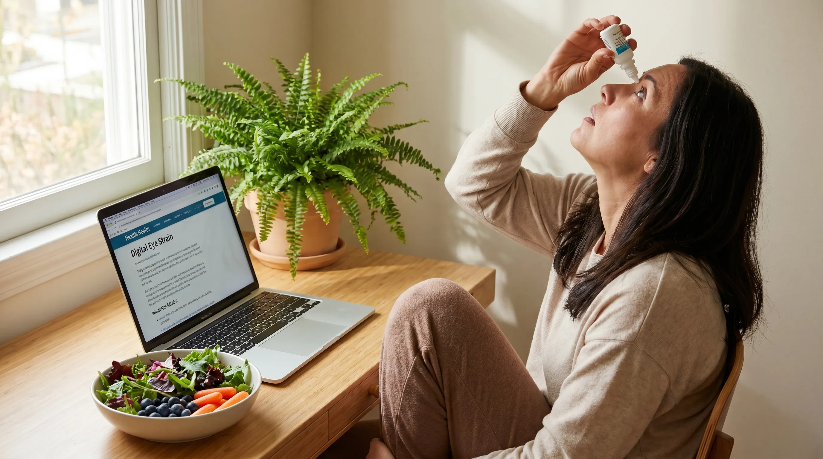 A lifestyle image of an adult practicing digital eye care at home, applying artificial tears, with a laptop, green plant, and vitamin-rich food like leafy greens and blueberries on a clean desk, soft daylight, calm tones