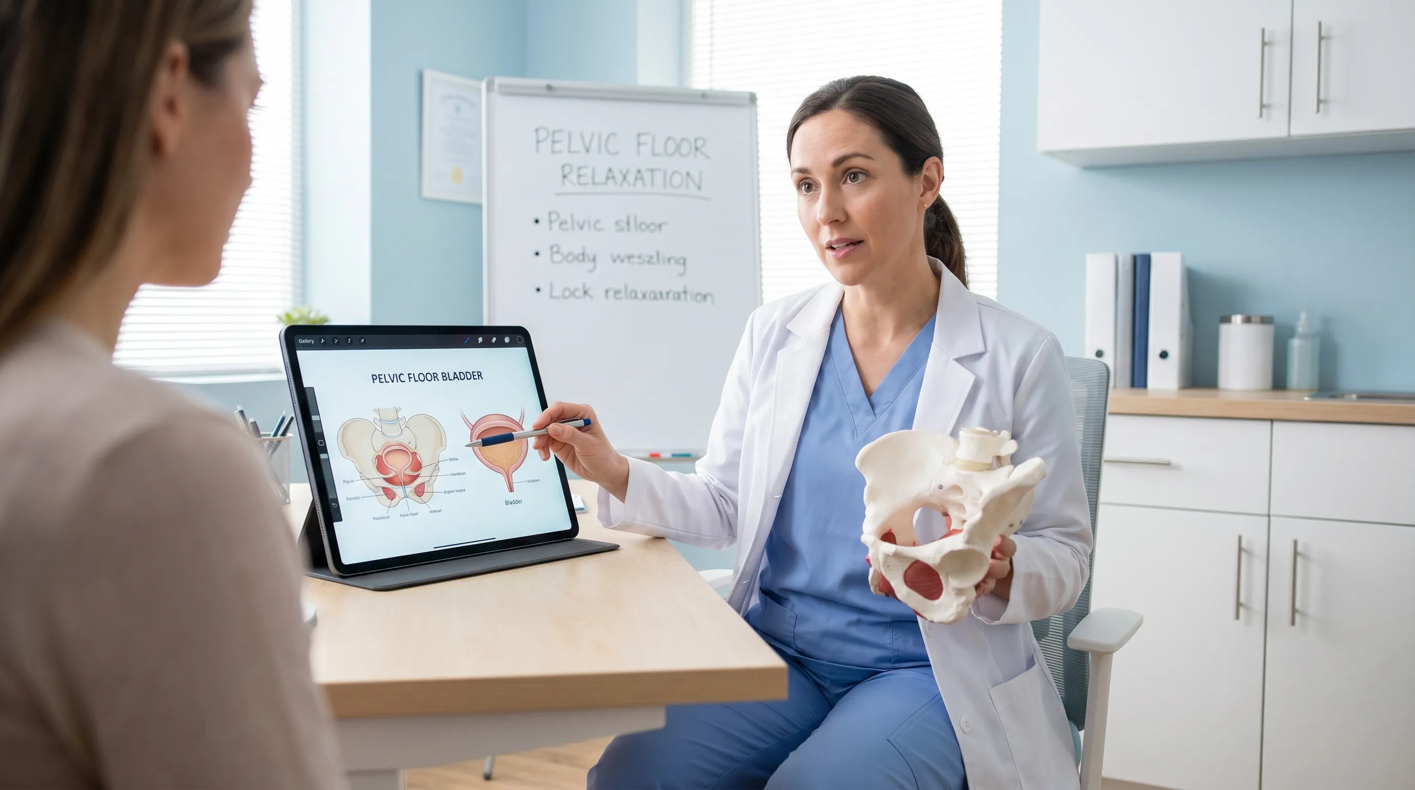 A medical professional demonstrating pelvic floor relaxation techniques with anatomical bladder diagrams in a bright clinical setting, soft blue and white color palette, 4:3 aspect ratio, realistic educational style