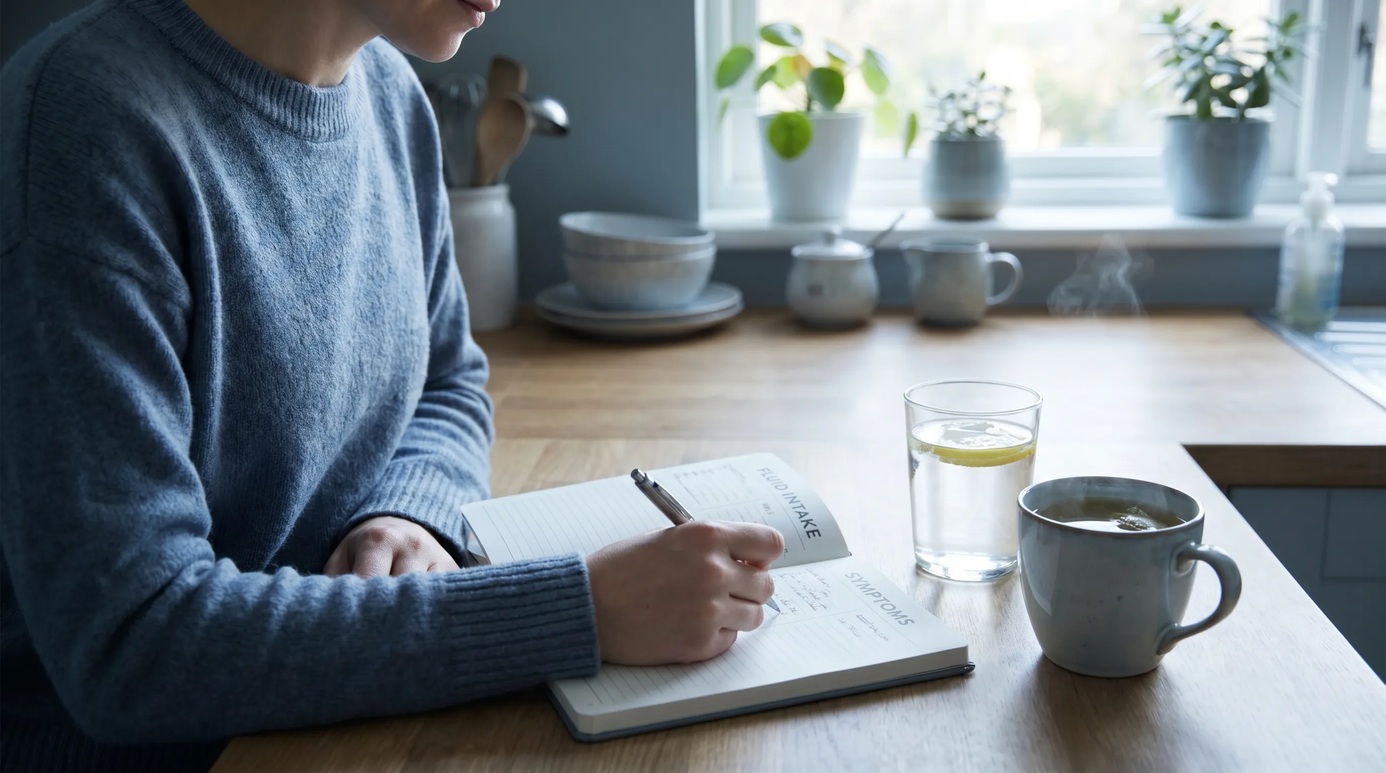 A person journaling fluid intake and symptoms at a quiet kitchen counter, with a glass of water and herbal tea, calm morning lighting, blue-gray tones, lifestyle wellness photography style, 4:3 ratio