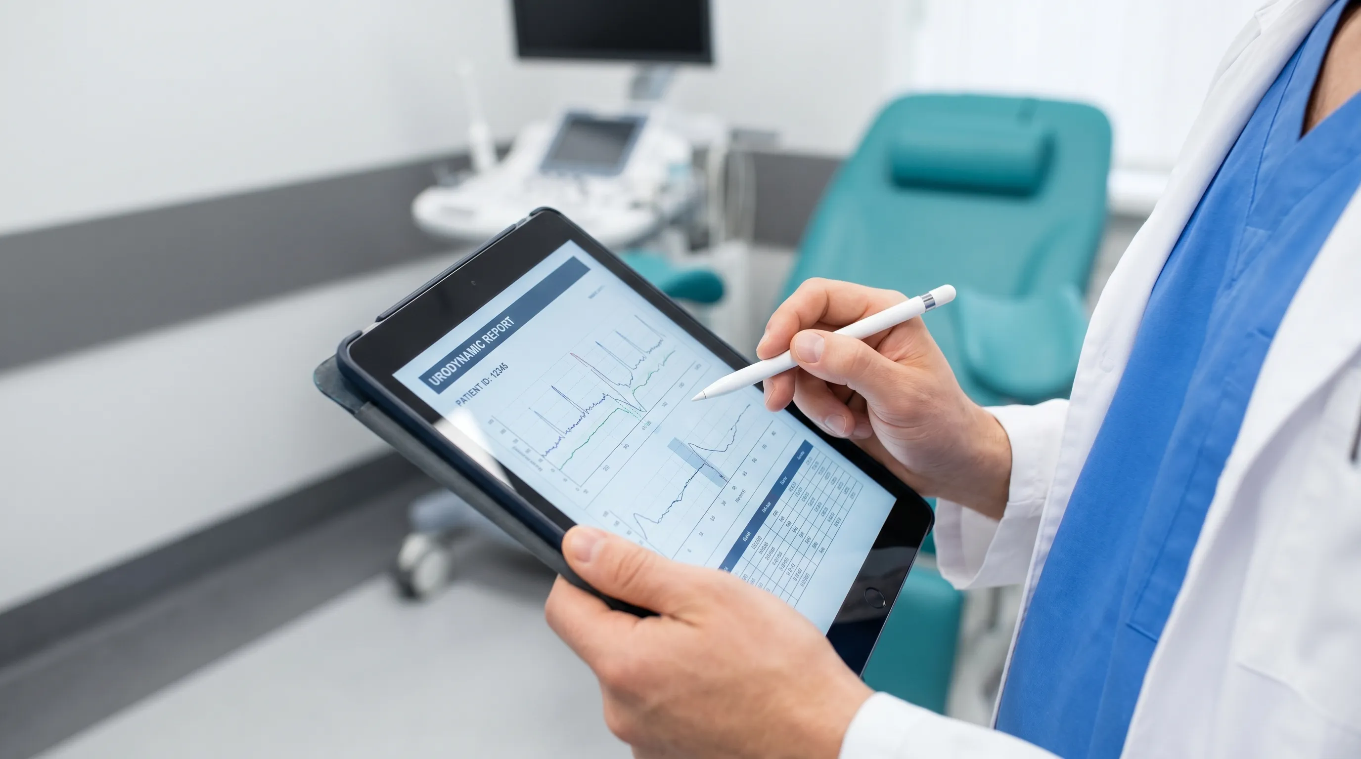 Close-up of a healthcare provider reviewing urodynamic testing results on a digital tablet in a modern urology clinic, professional medical environment, muted gray and teal accents, 4:3 aspect ratio