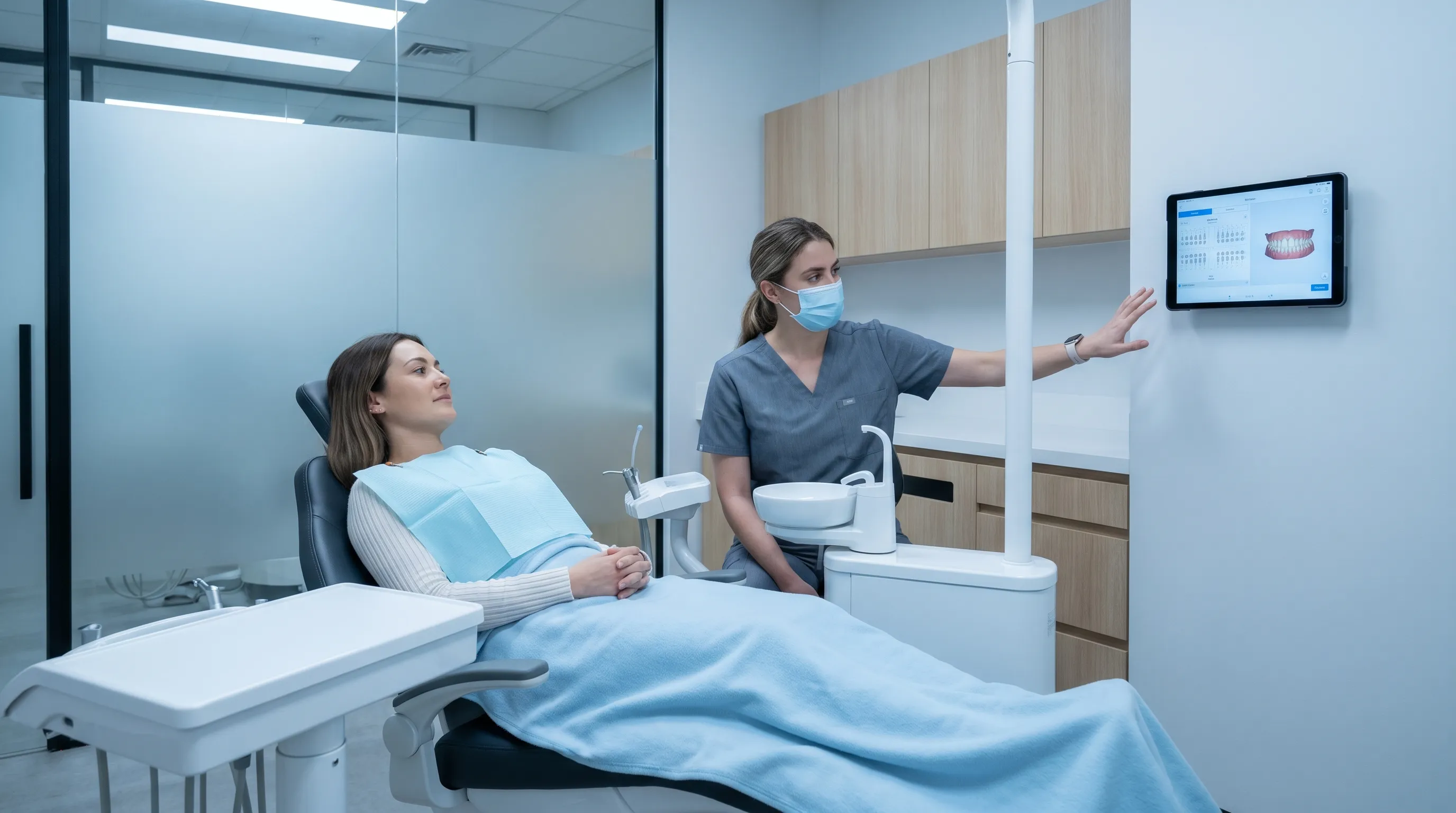 Clean modern dental clinic with a dentist explaining a treatment plan to a reclined patient using digital imaging