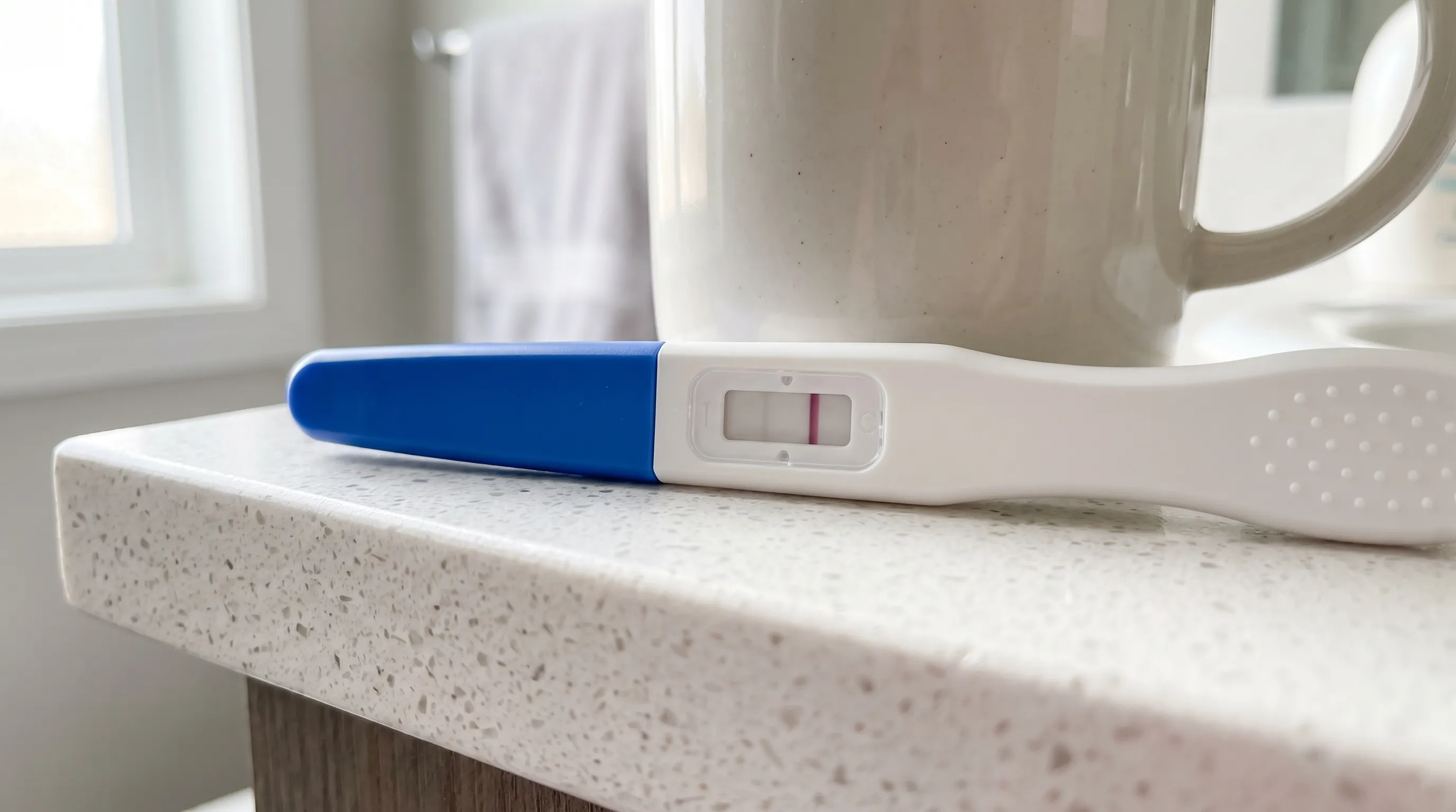 A close-up, medically accurate photo of a home pregnancy test stick resting on a clean white countertop, showing a control line and a faint gray evaporation line, soft natural lighting, clinical but warm aesthetic