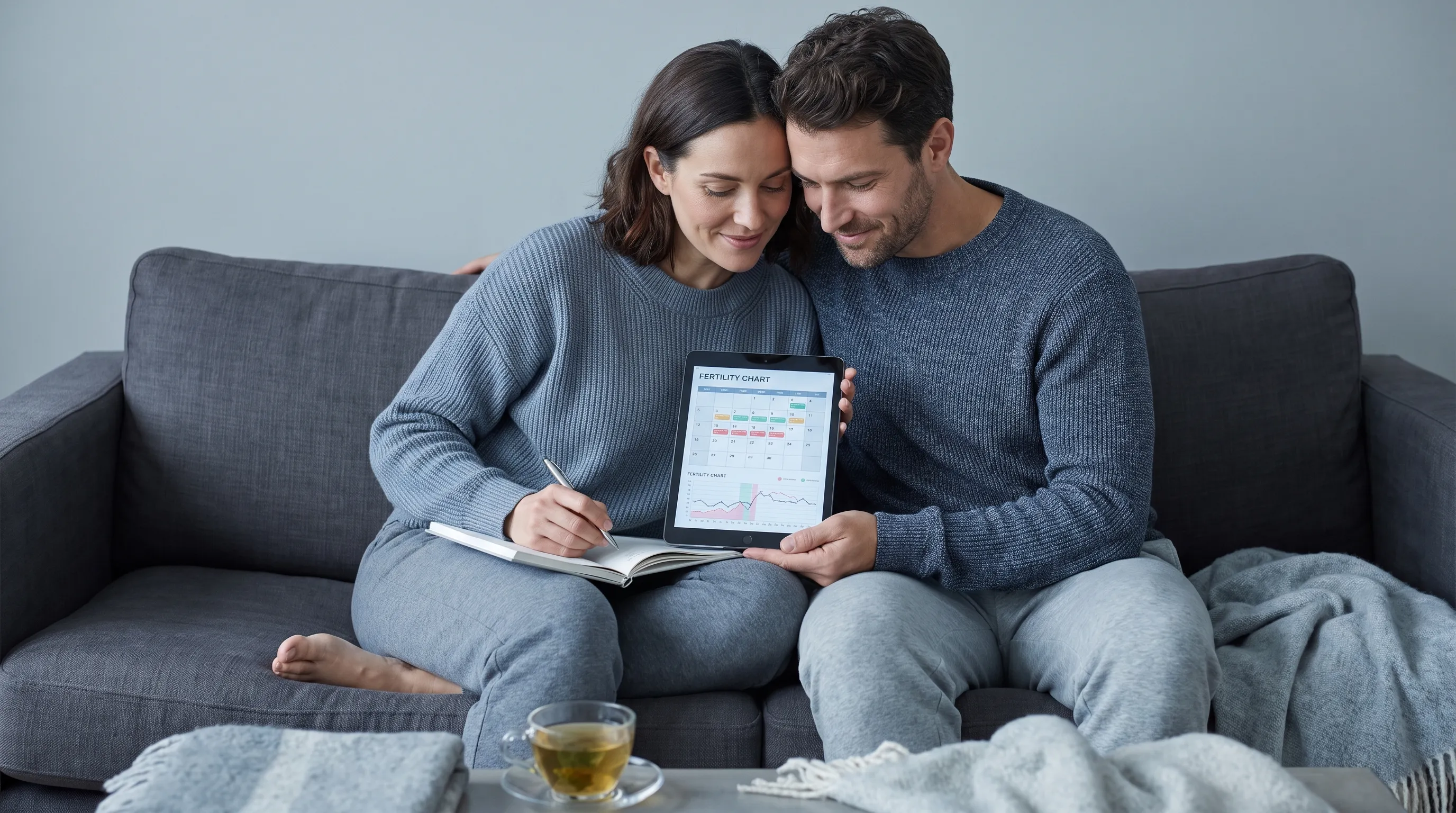A serene lifestyle scene of a woman sitting on a couch with a partner, reviewing fertility tracking charts and a calendar on a tablet, calm gray and blue color grading, professional health photography style