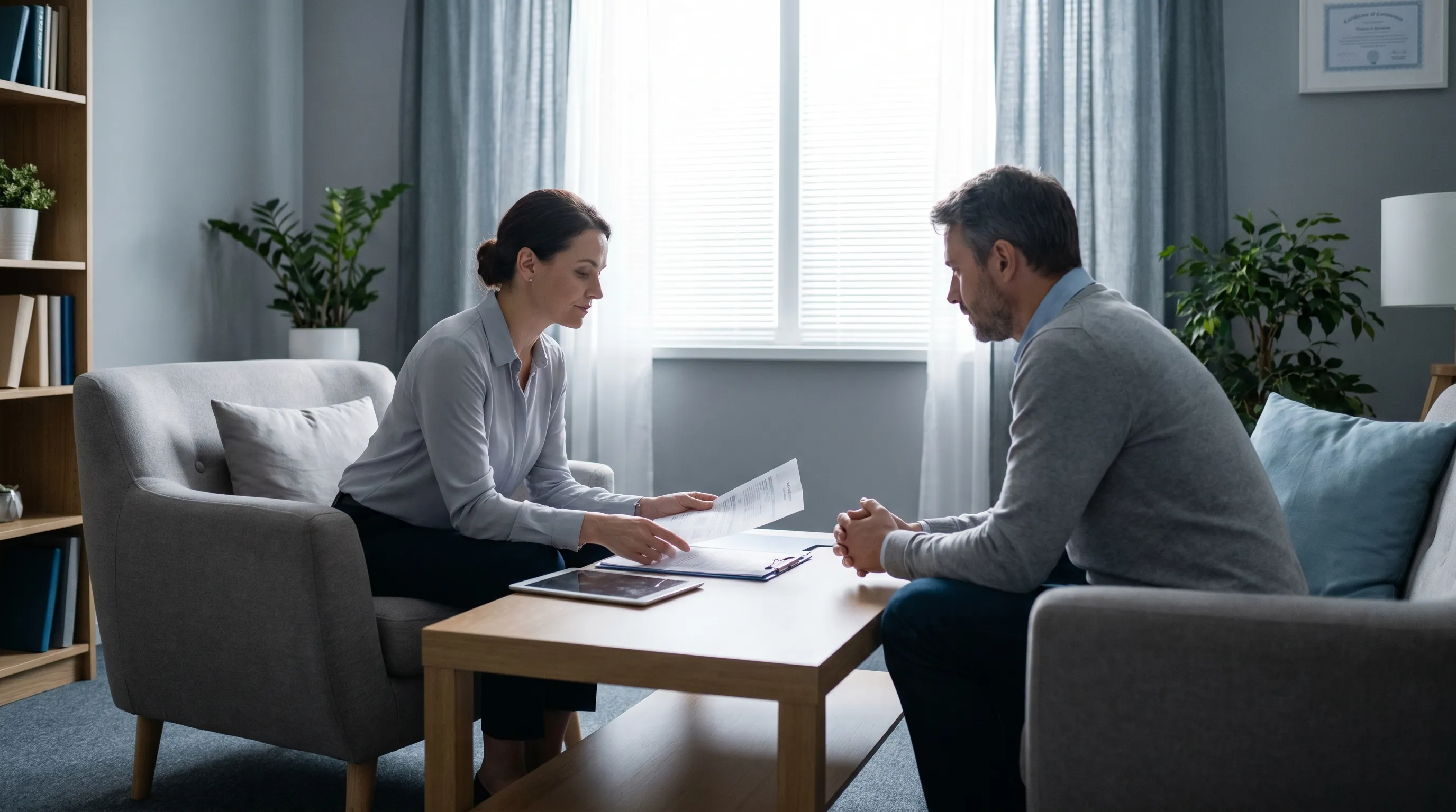 A licensed mental health professional reviewing comprehensive clinical documentation with a patient in a calm, softly lit consultation room, illustrating the diagnostic and treatment planning process for trauma-related conditions