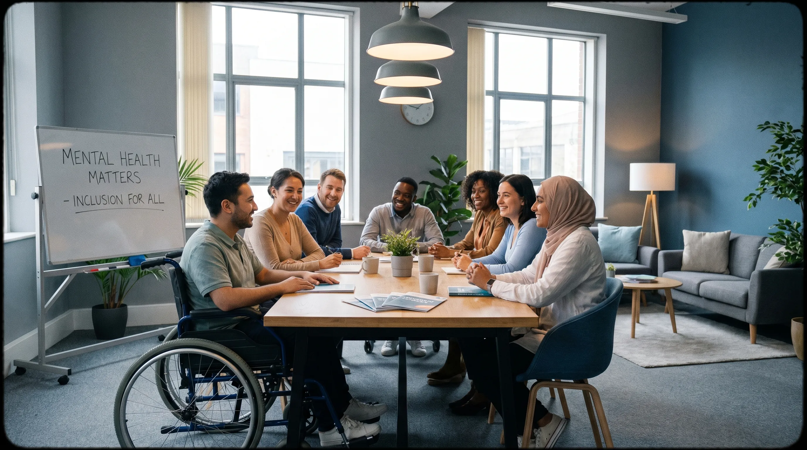A collaborative workplace environment with colleagues and a manager discussing flexible work arrangements, highlighting supportive mental health accommodations and inclusive professional culture