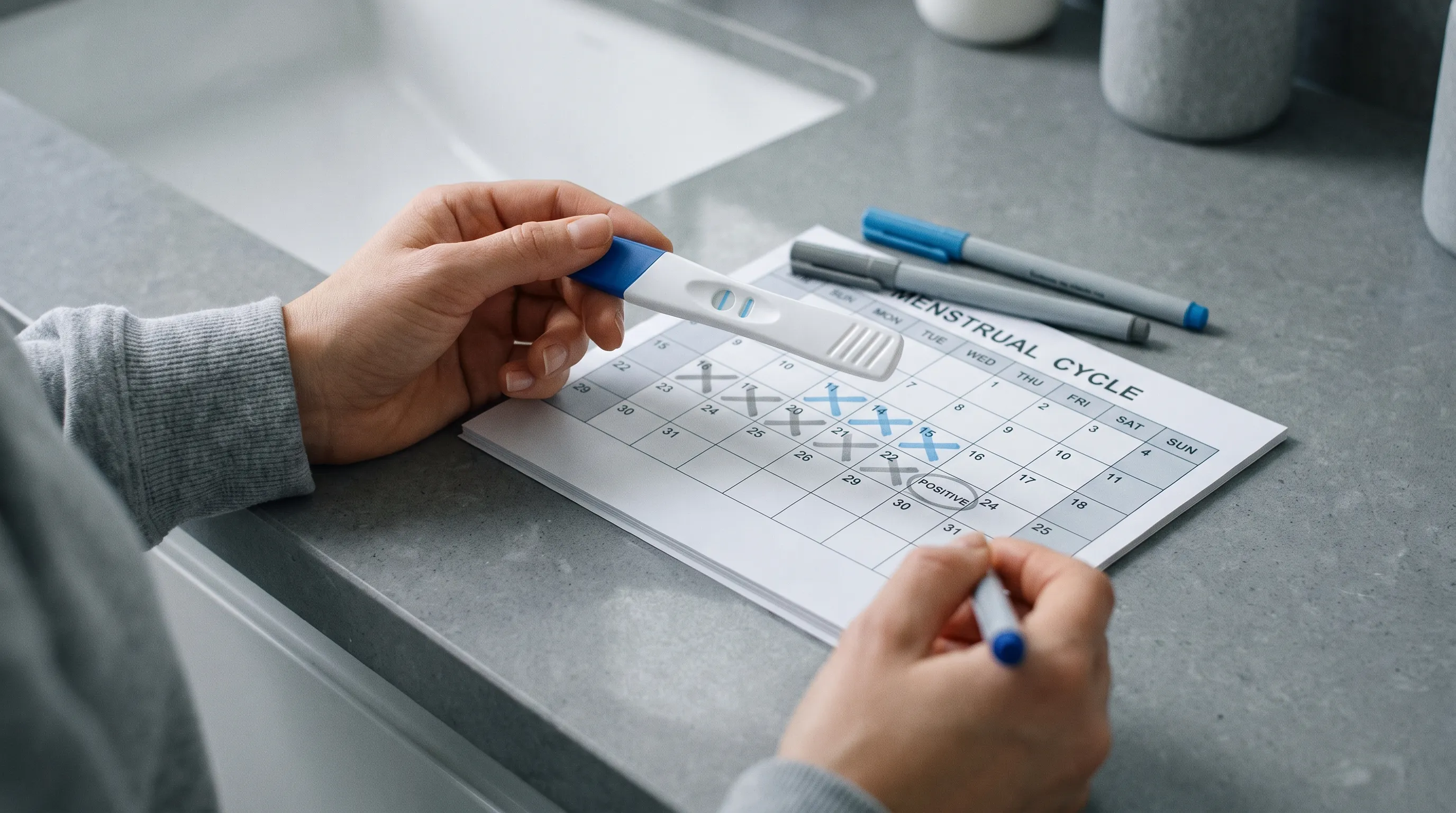 A detailed close-up of a woman's hands holding a pregnancy test and a menstrual cycle tracking calendar on a clean bathroom counter, soft diffused lighting, gray and blue color palette, photorealistic, 4:3 ratio