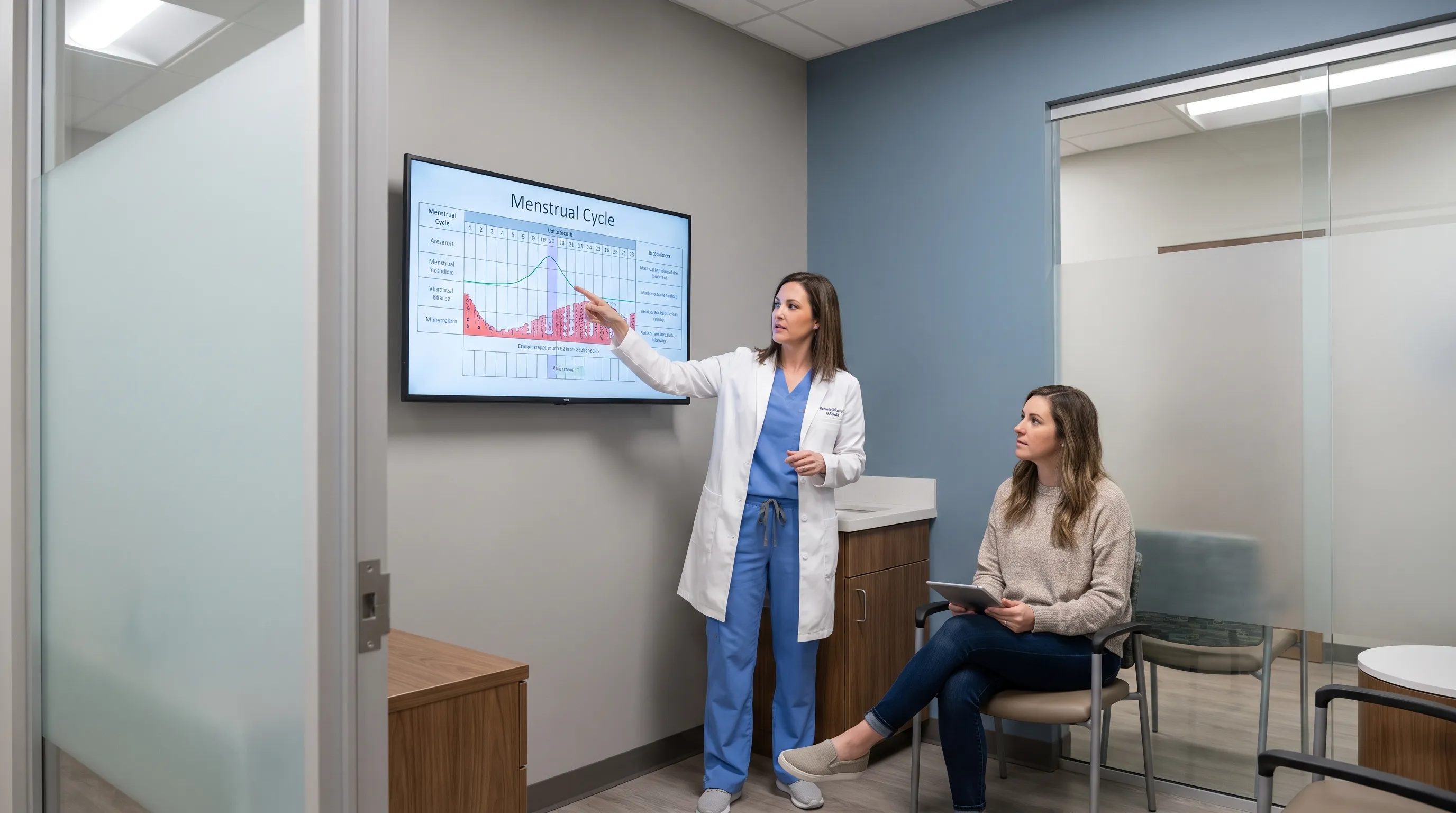 A healthcare professional in a modern clinic setting explaining a menstrual cycle chart to a seated female patient, neutral background with calming gray and blue accents, professional medical photography, 4:3 ratio