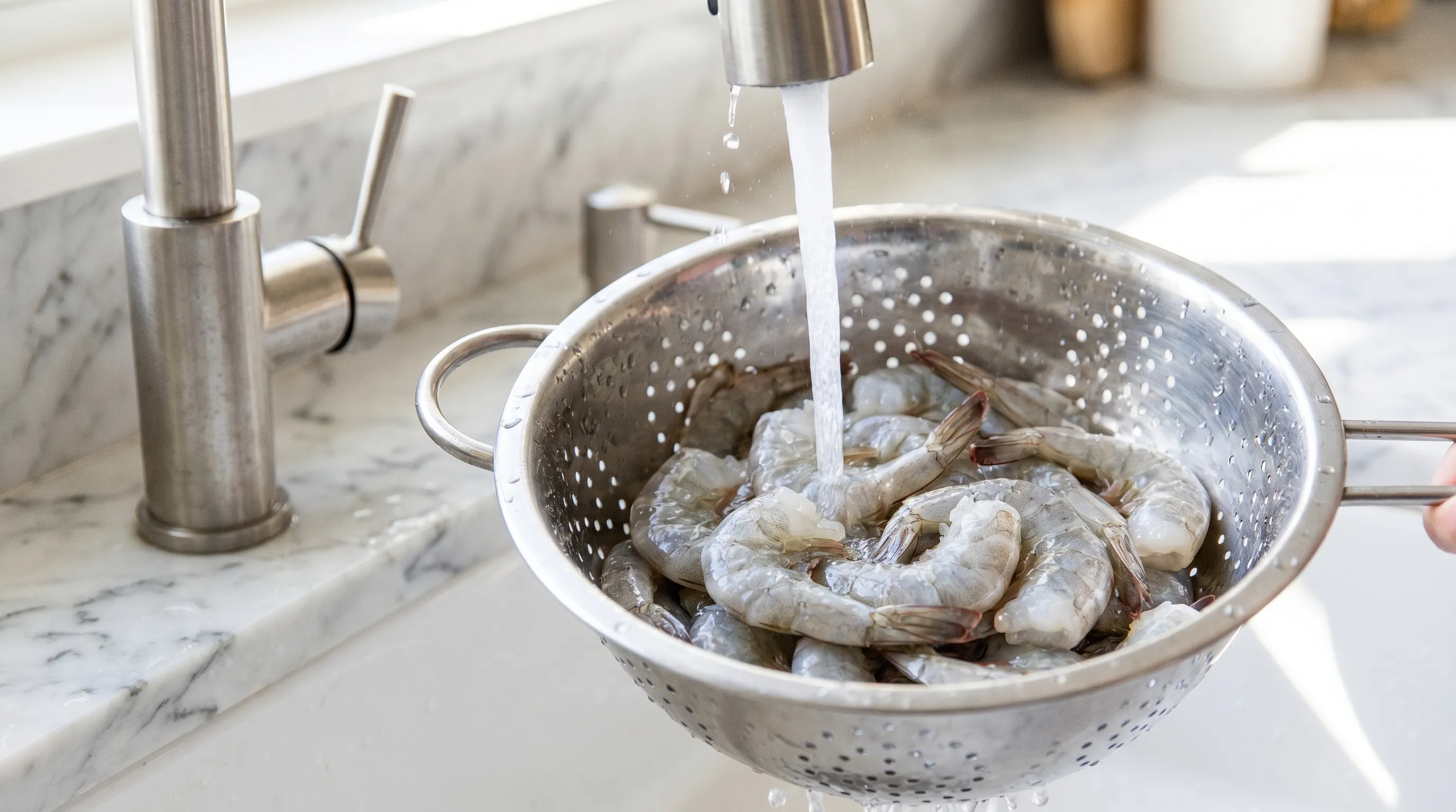 Close-up shot of fresh raw shrimp being rinsed under cold water on a marble countertop, clean and bright lighting, professional food photography style