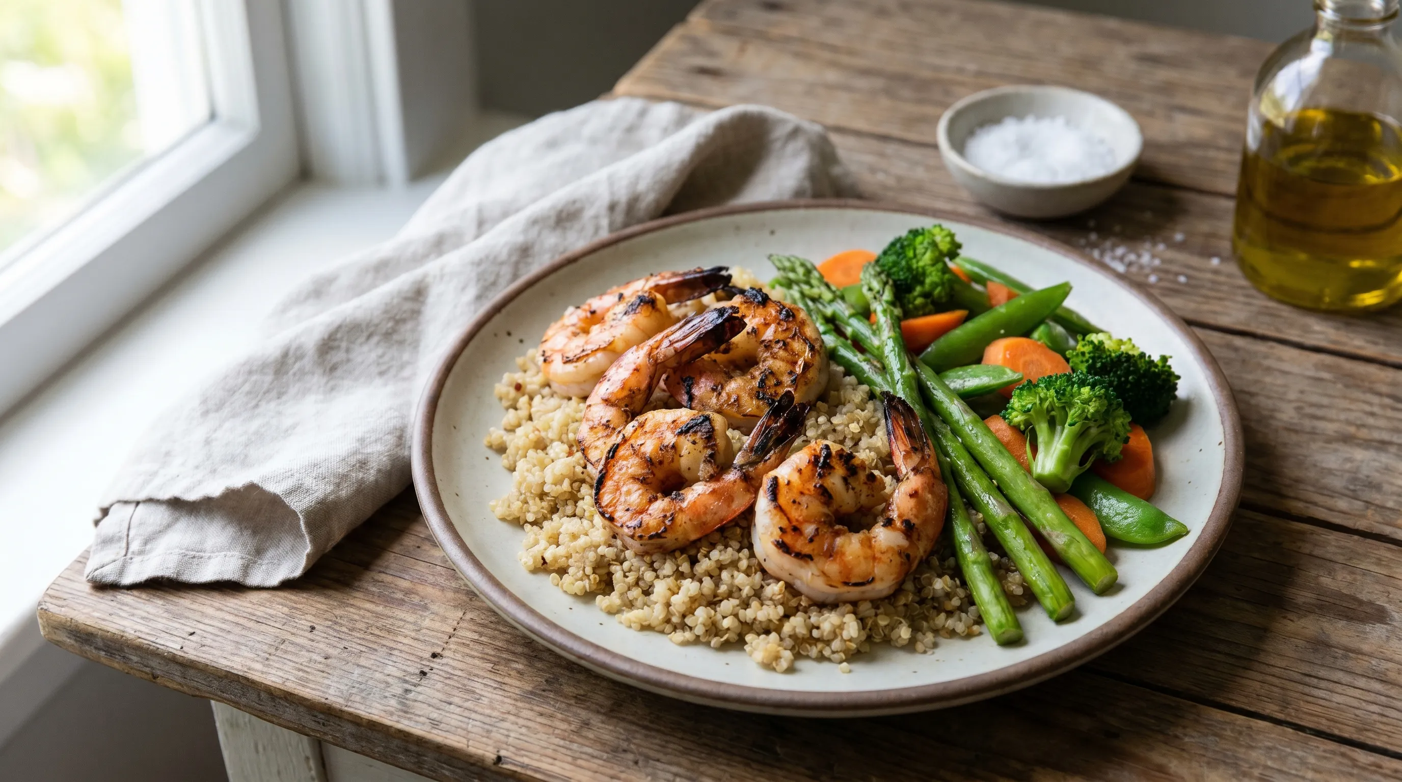 Plated grilled shrimp served with steamed vegetables and quinoa on a rustic wooden table, soft natural window light, health-focused composition