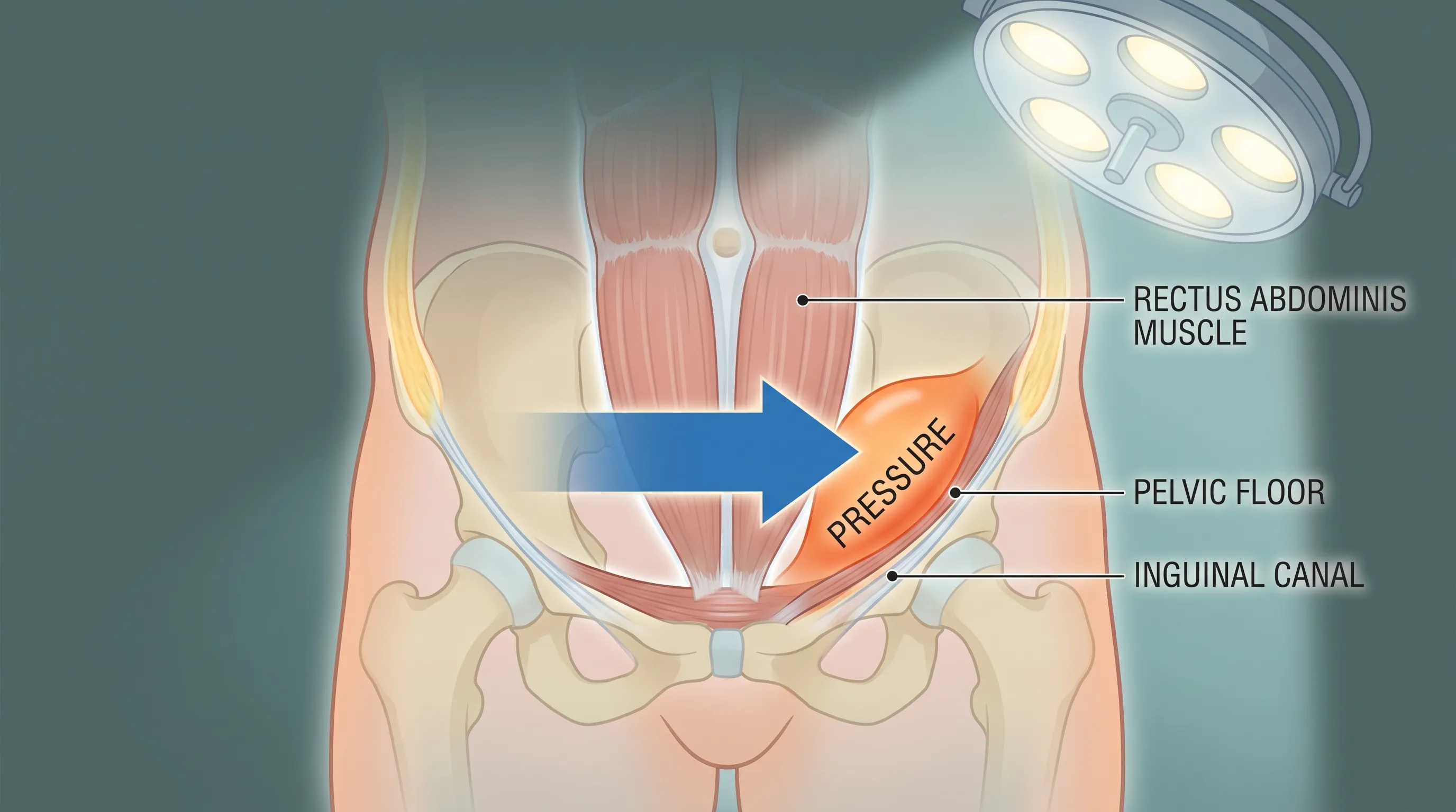 A detailed medical illustration showing the anatomical cross-section of the lower abdomen, highlighting the rectus abdominis muscles, pelvic floor, and inguinal canal under pressure, clinical lighting, educational style