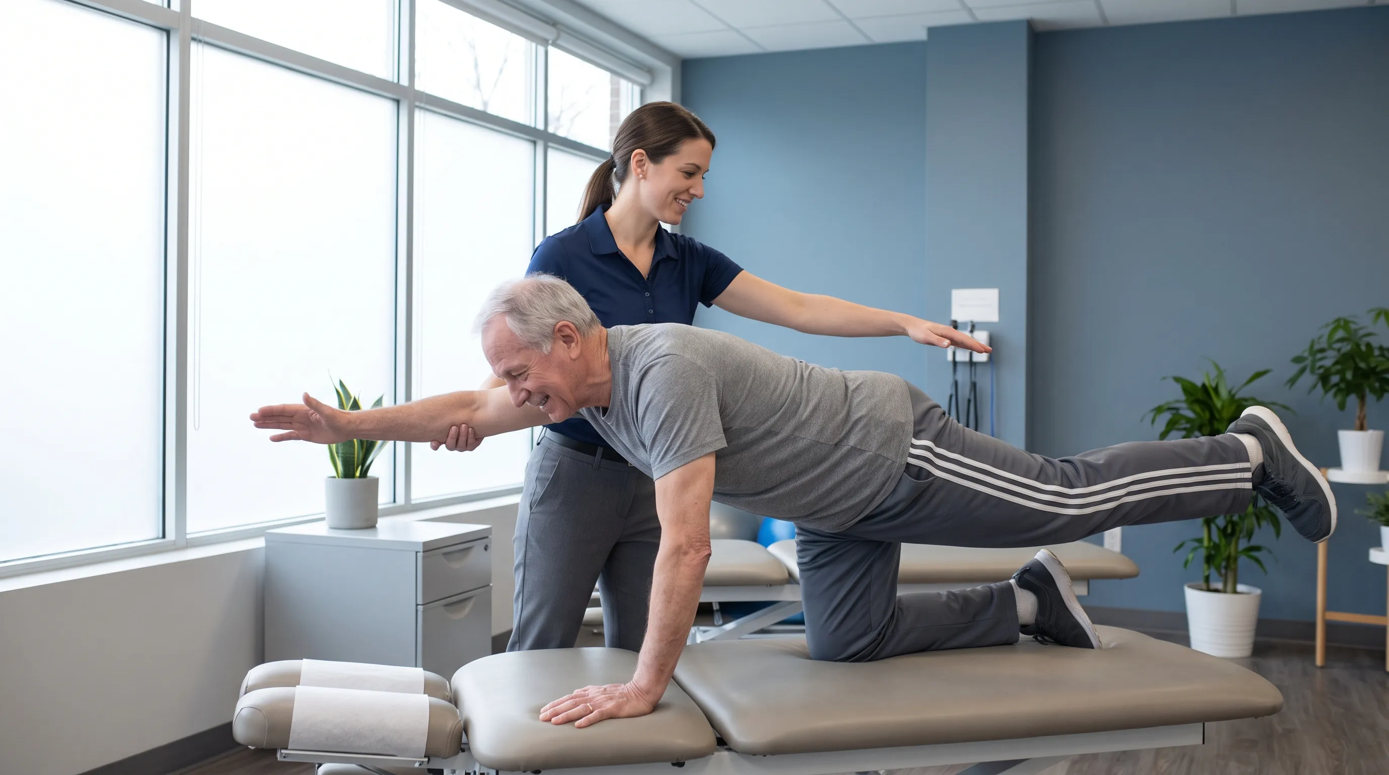 A realistic photo of a healthcare professional guiding a patient through a gentle core stabilization exercise on a treatment table, soft natural lighting, gray and blue tones, professional wellness clinic environment