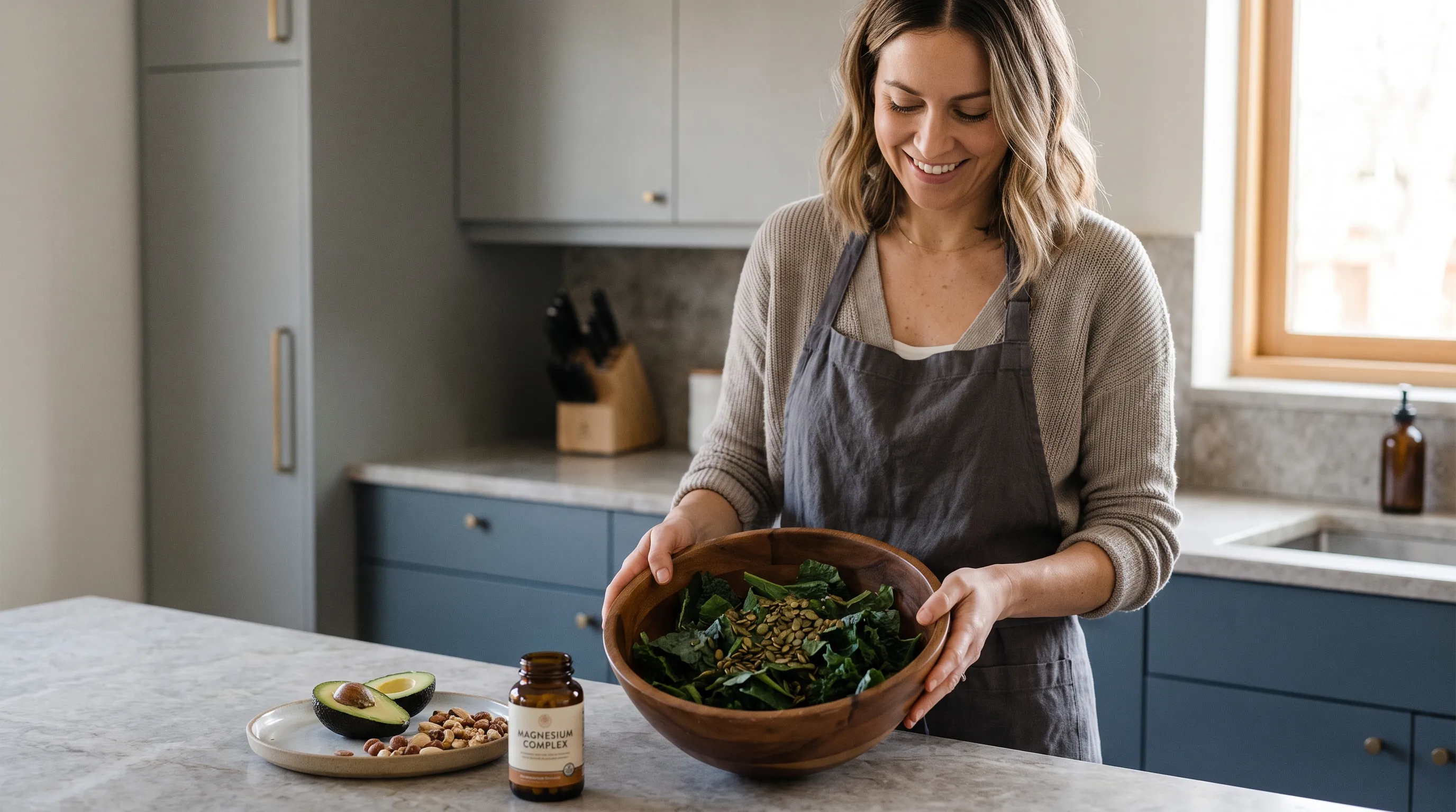 Especialista en bienestar en una cocina moderna que prepara una comida rica en magnesio con verduras de hoja verde, semillas y una pequeña botella de suplementos sobre la encimera, iluminación ambiental suave, estilo de fotografía de estilo de vida, tonos grises y azules, relación 4:3