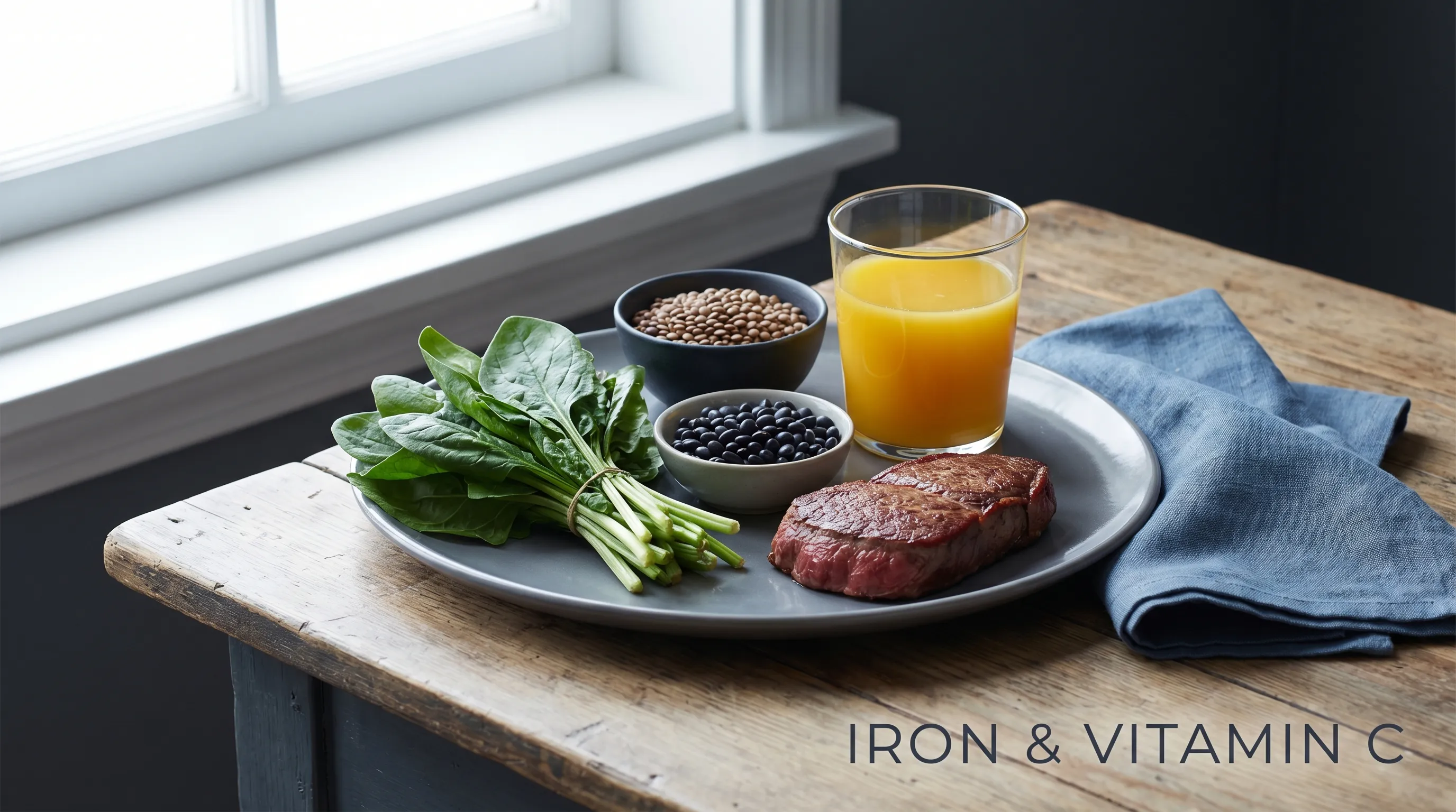 A collection of iron-rich foods like spinach, red meat, lentils, and beans, with a glass of orange juice to represent the importance of vitamin C for absorption.