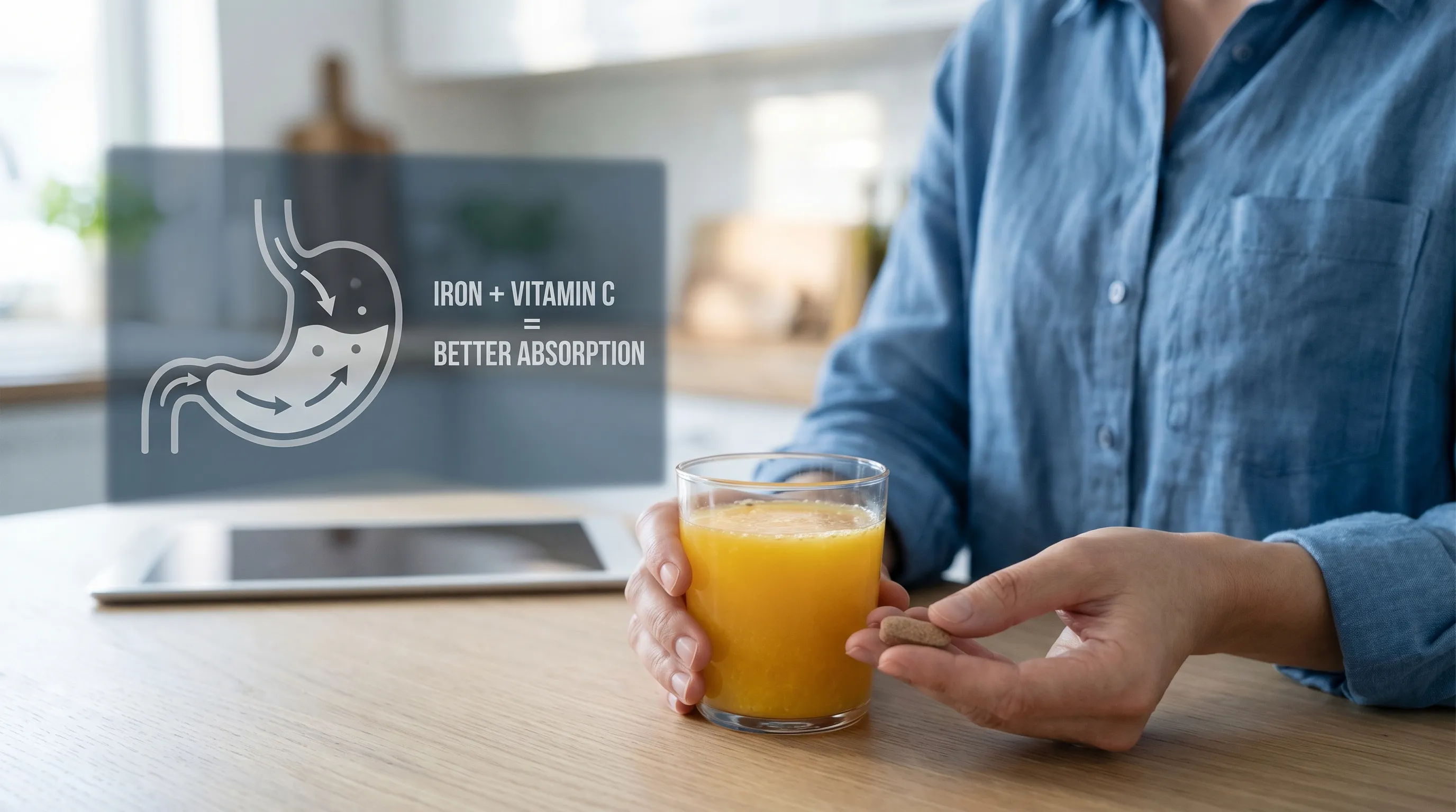An illustration showing how taking an iron supplement pill with a glass of orange juice can improve absorption.