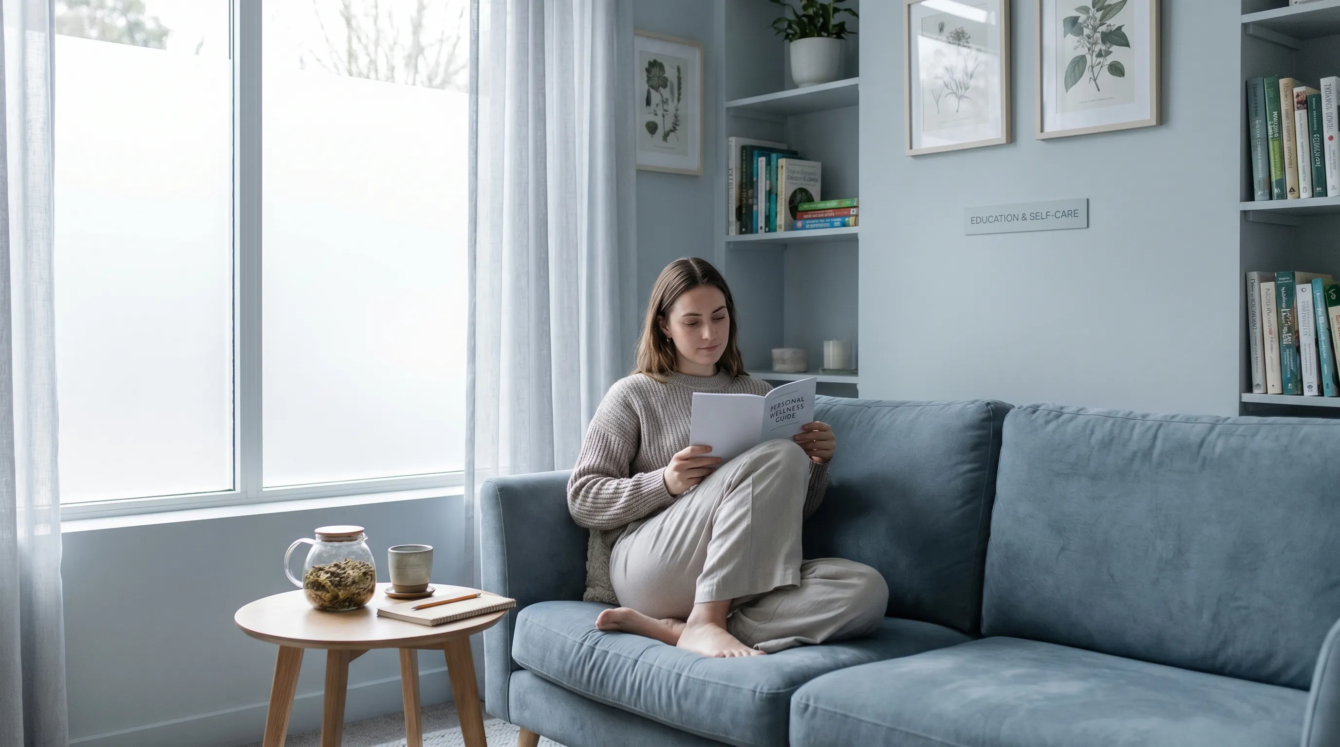 A calm, clinical wellness setting with a woman in her late 20s reading a health guide on a soft blue sofa, surrounded by natural light and a small table with herbal tea and a notebook. The scene emphasizes education and self-care in muted gray and blue tones.