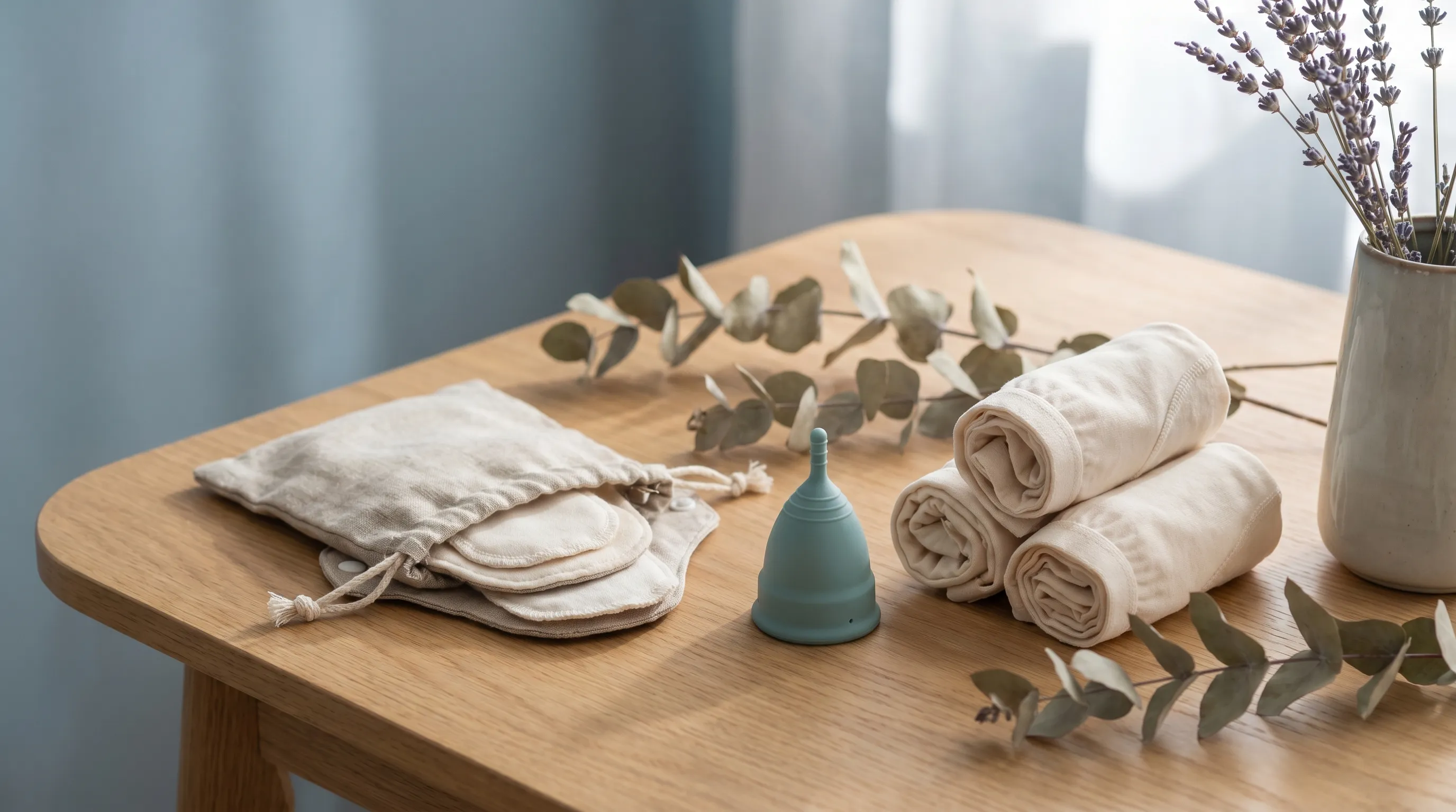 A close-up, tasteful lifestyle composition of organized menstrual care products (eco-friendly pads, reusable cups, cotton underwear) on a clean wooden surface with soft shadows, botanical accents, and a calming blue-gray backdrop.