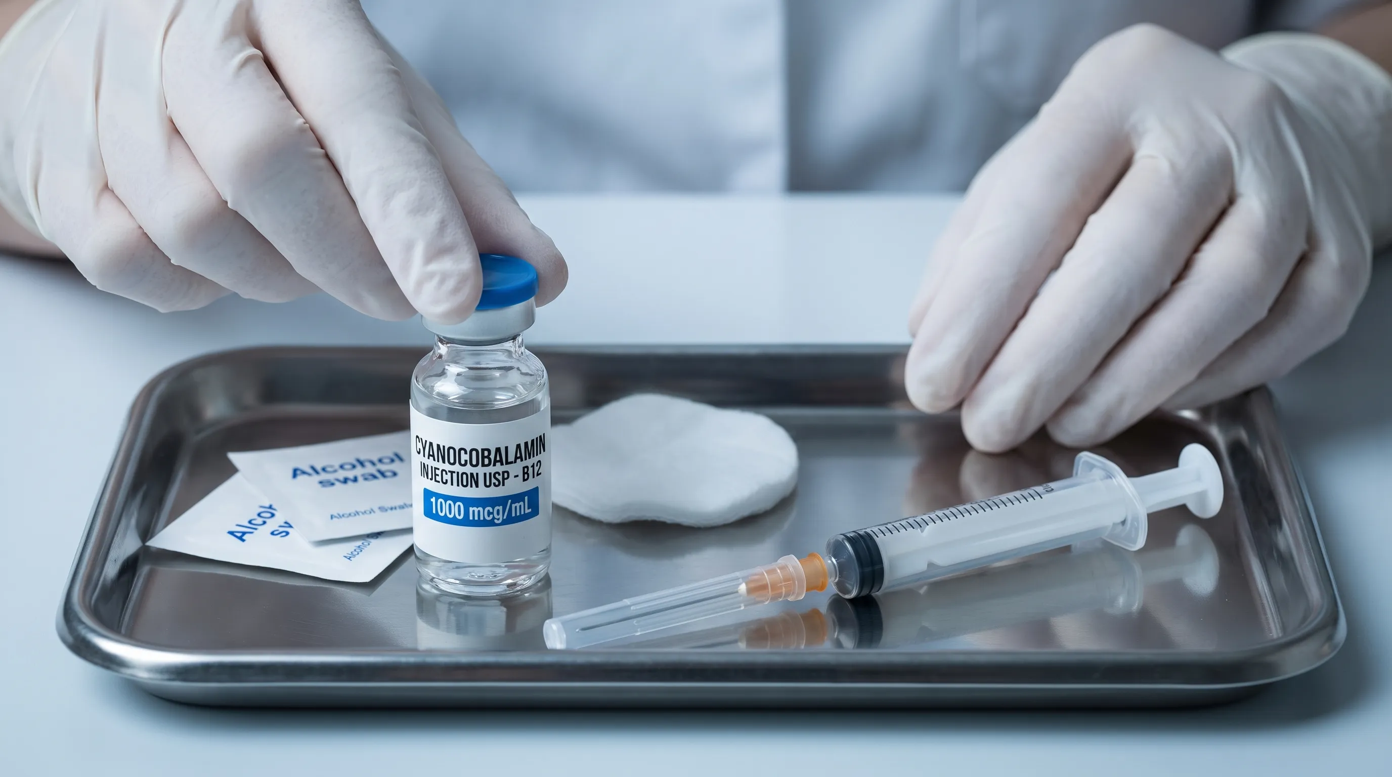 Close-up clinical preparation of a sterile B12 injection vial and syringe on a clean tray with soft blue-gray lighting