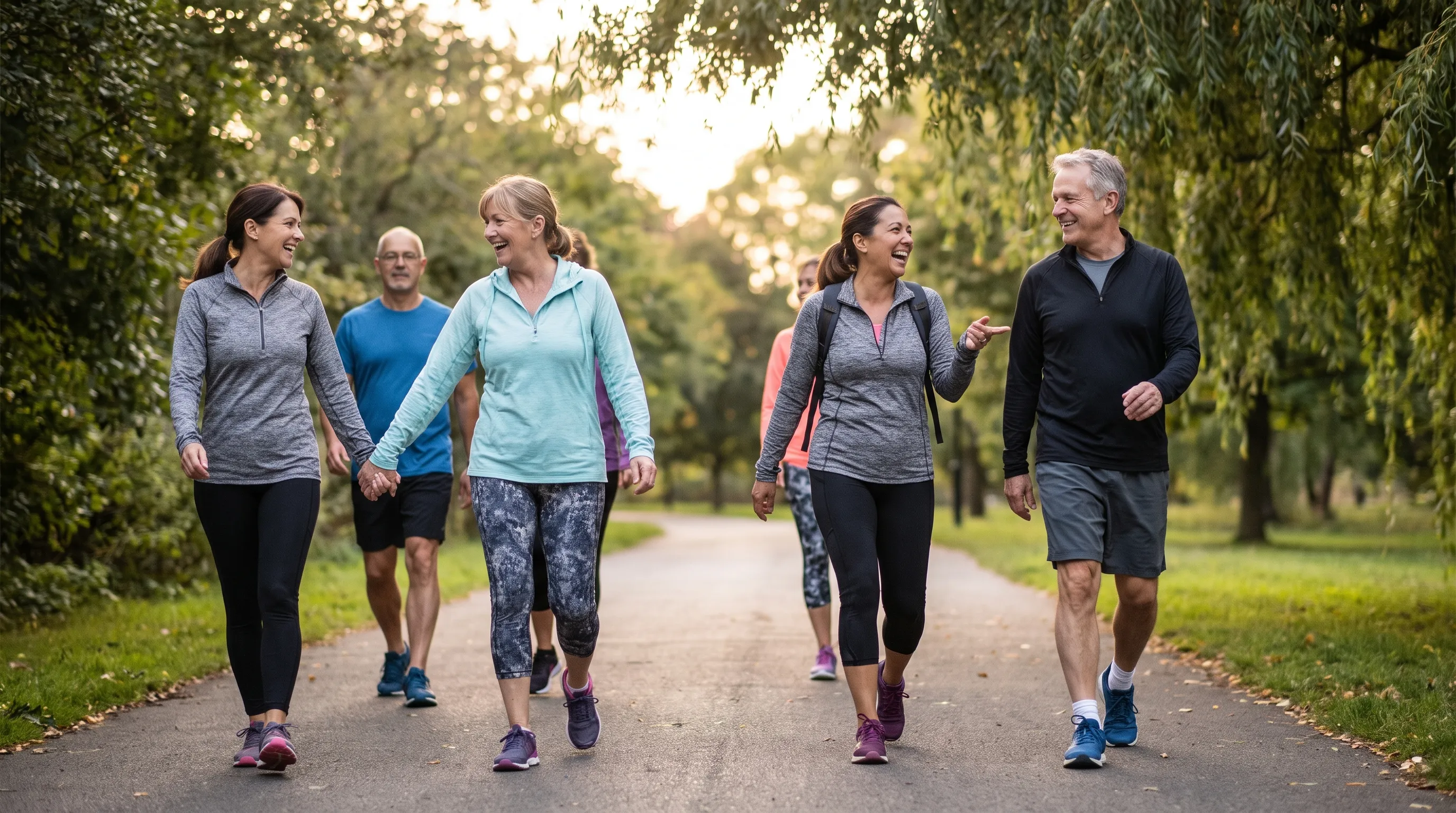 Diverse group of adults walking outdoors on a paved trail, appearing energetic and healthy under soft natural lighting