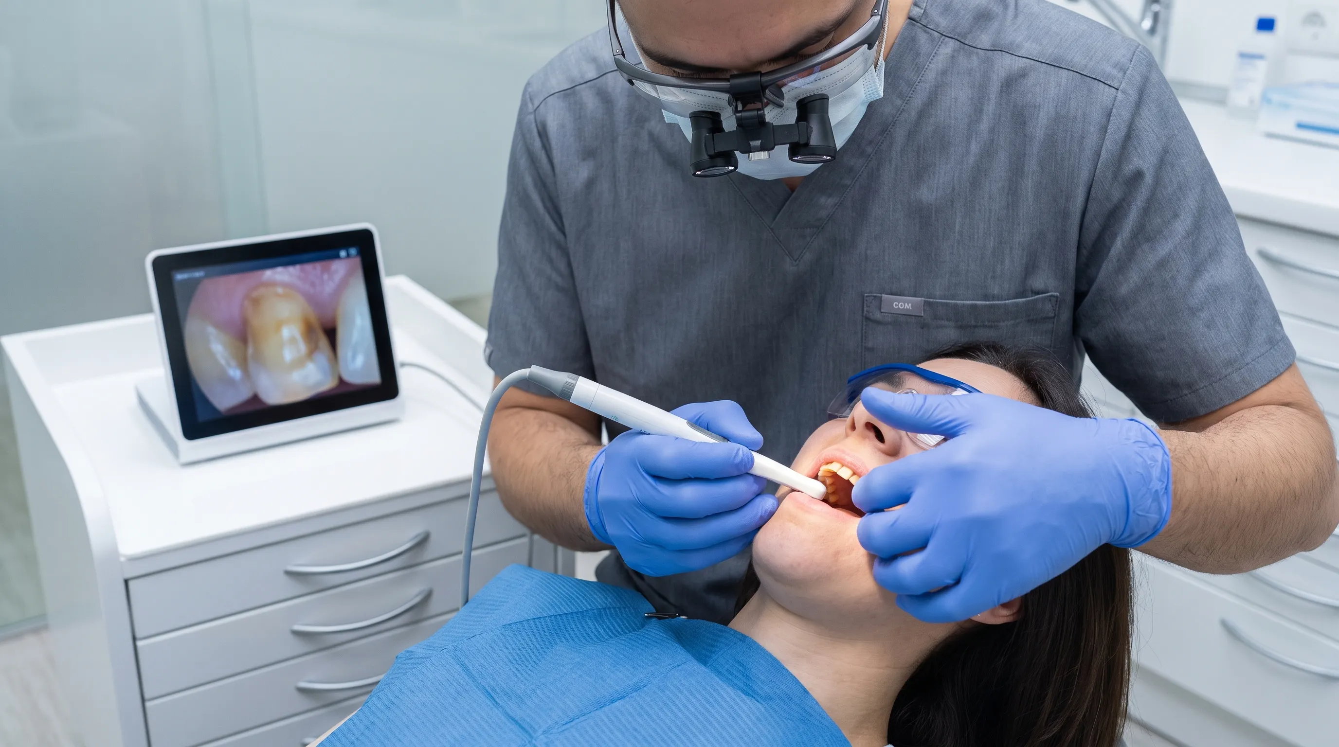 Professional dental examination with magnification equipment assessing a discolored anterior tooth in a clinical setting