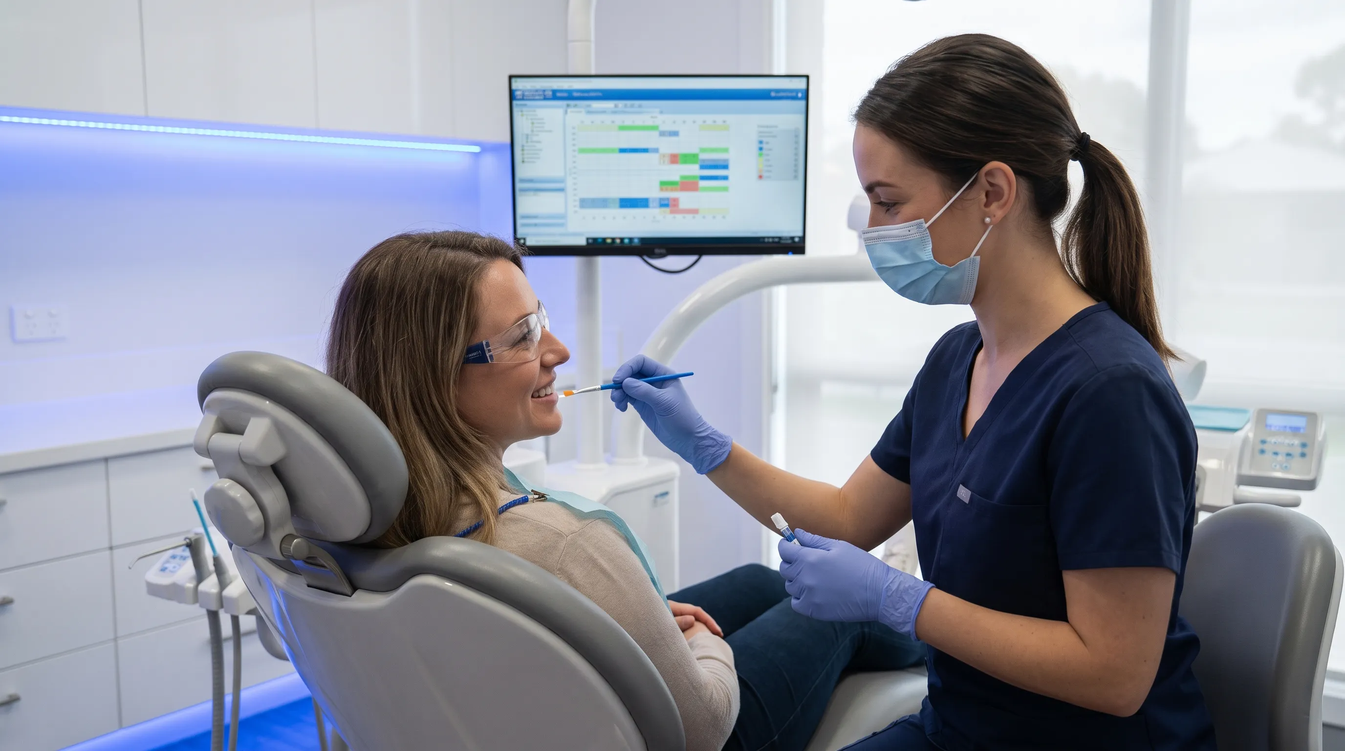 Patient receiving professional dental cleaning and fluoride treatment in a modern clinic environment