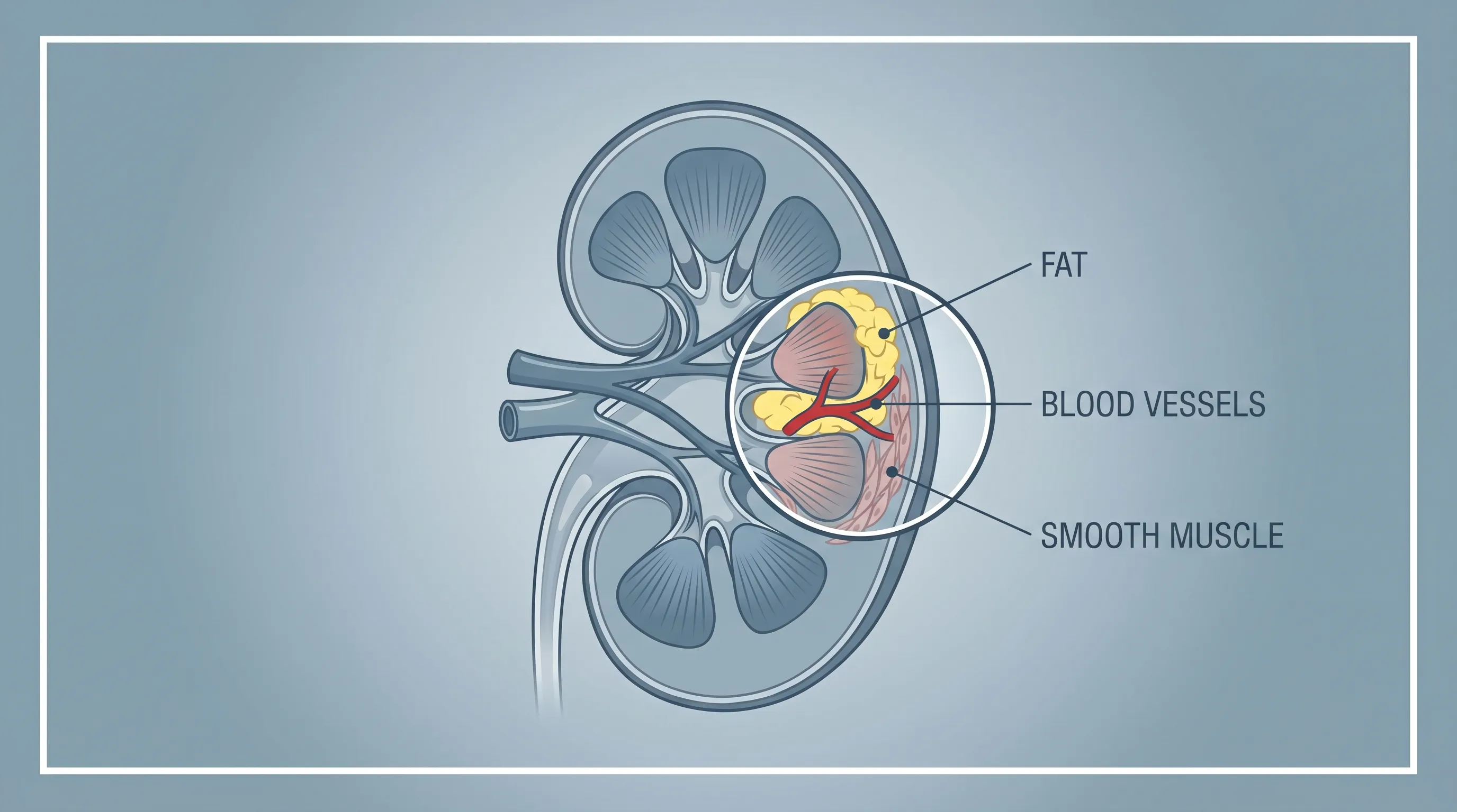 A detailed medical illustration of a human kidney showing a cross-section of a benign angiomyolipoma tumor containing fat, blood vessels, and smooth muscle tissue. Clean, clinical blue and gray tones, 4:3 ratio.