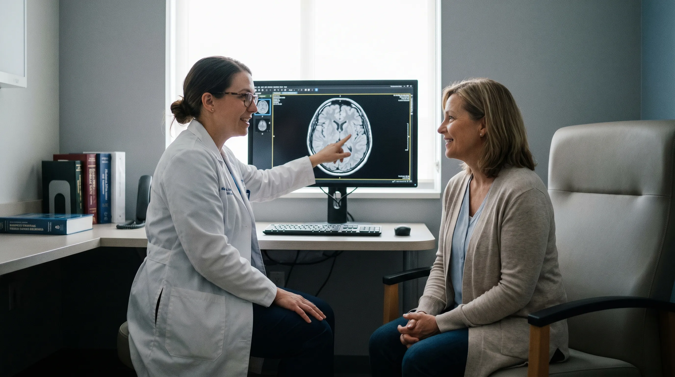 A healthcare professional reviewing a CT scan or MRI image with a middle-aged female patient in a calm hospital room, emphasizing education and care. Soft lighting, gray and blue palette, 4:3 ratio.