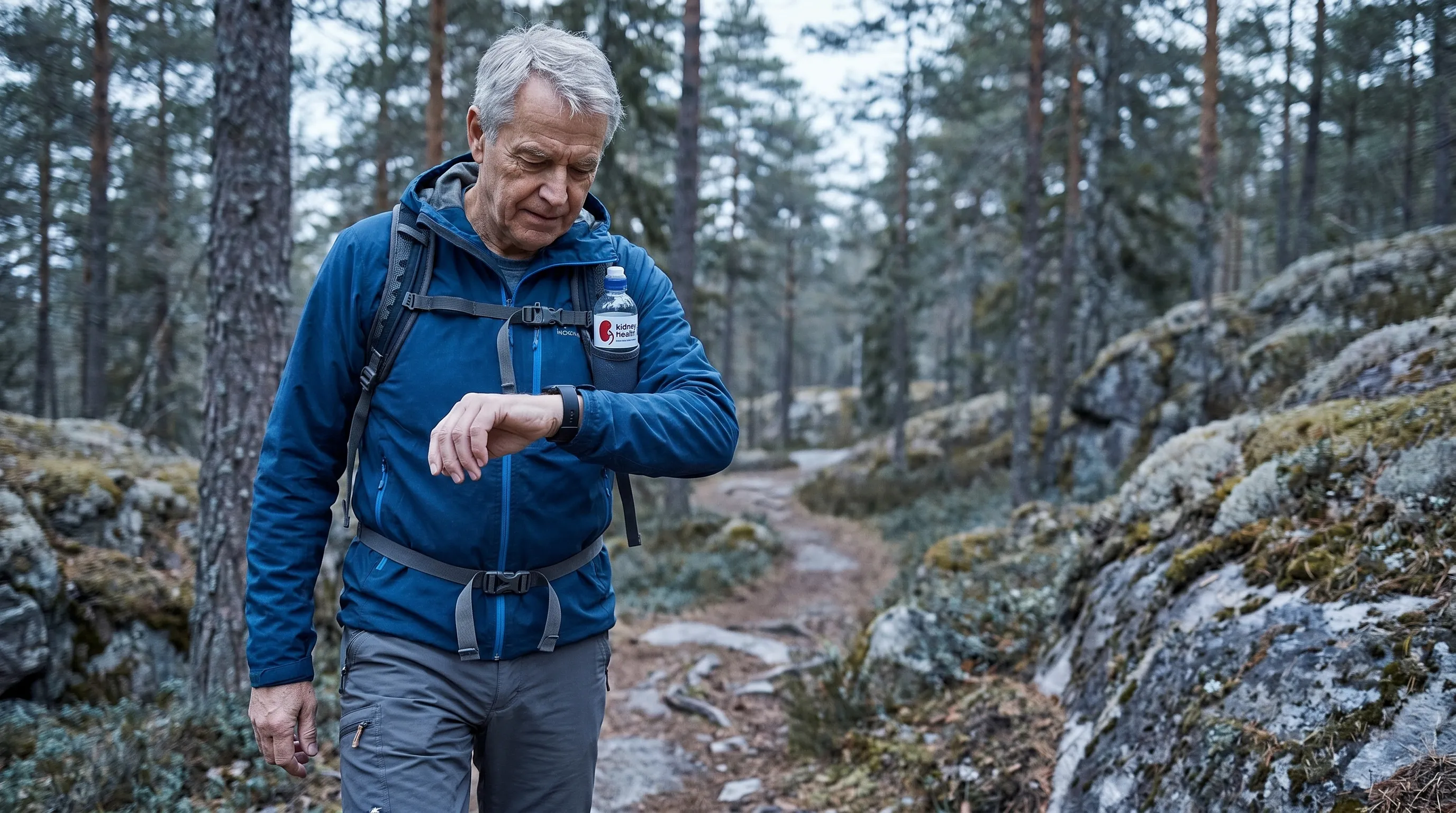 An active older adult walking safely on a nature trail while checking a smart fitness tracker, representing long-term health monitoring and lifestyle management for kidney conditions. Natural lighting with blue and gray tones, 4:3 ratio.