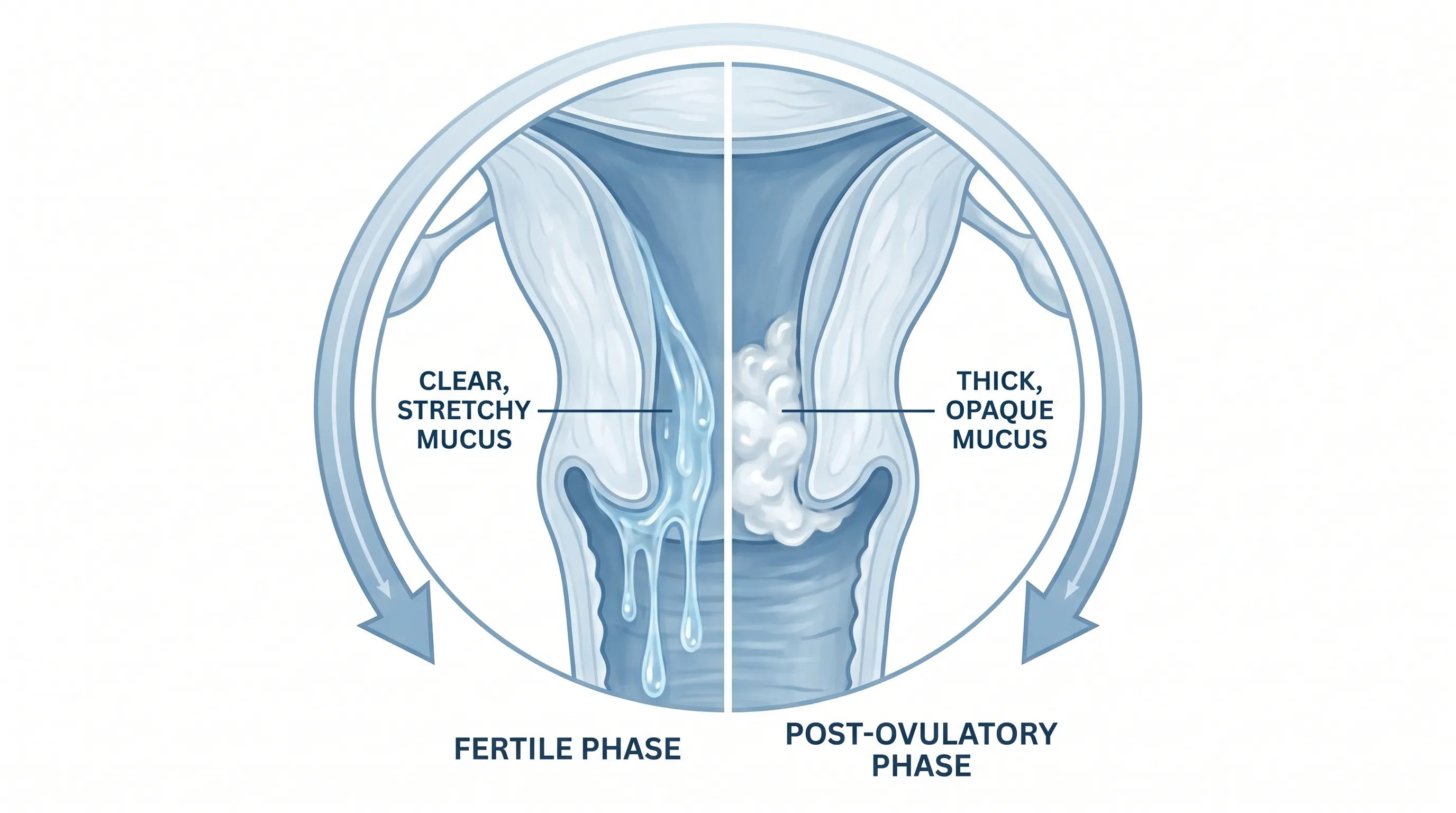 A close-up educational illustration of cervical anatomy showing mucus transition from clear fertile mucus to thick post-ovulatory mucus, clean medical infographic style, soft blue and white color palette